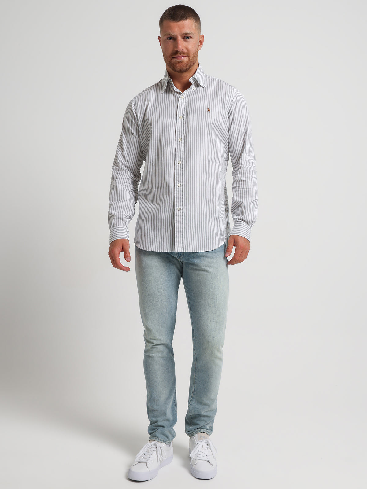 Custom Oxford Striped Button-Down Shirt in Grey &amp; White