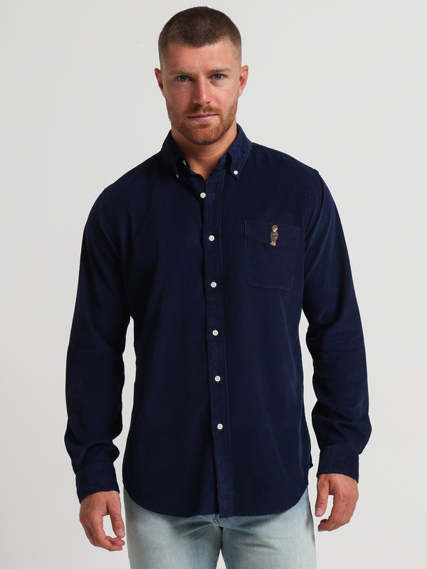 Custom Bear Embroidery Cord Shirt in Navy Heritage Icon Bear - Glue Store
