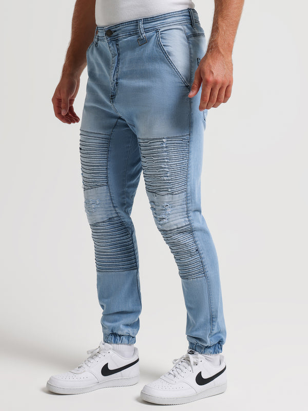 Falcon Moto Denim Jeans in Sea Blue - Glue Store