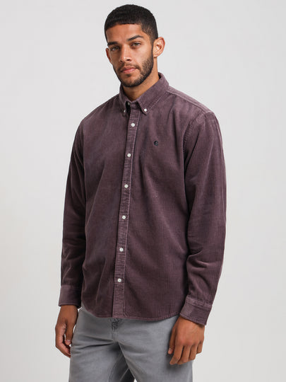 Long Sleeve Madison Cord Shirt in Misty Thistle & Black