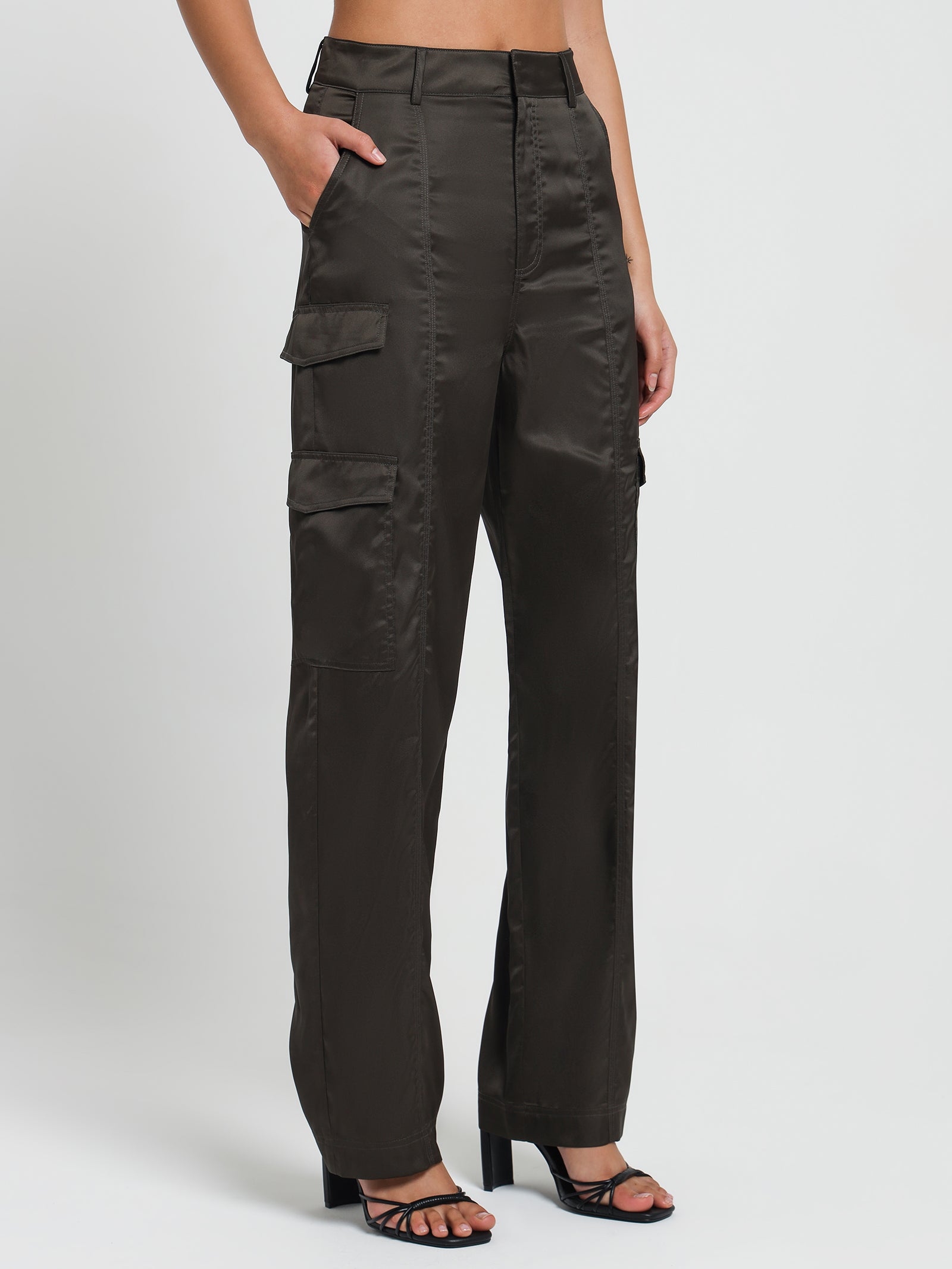 Suvi Satin Cargo Pants in Deep Olive - Glue Store