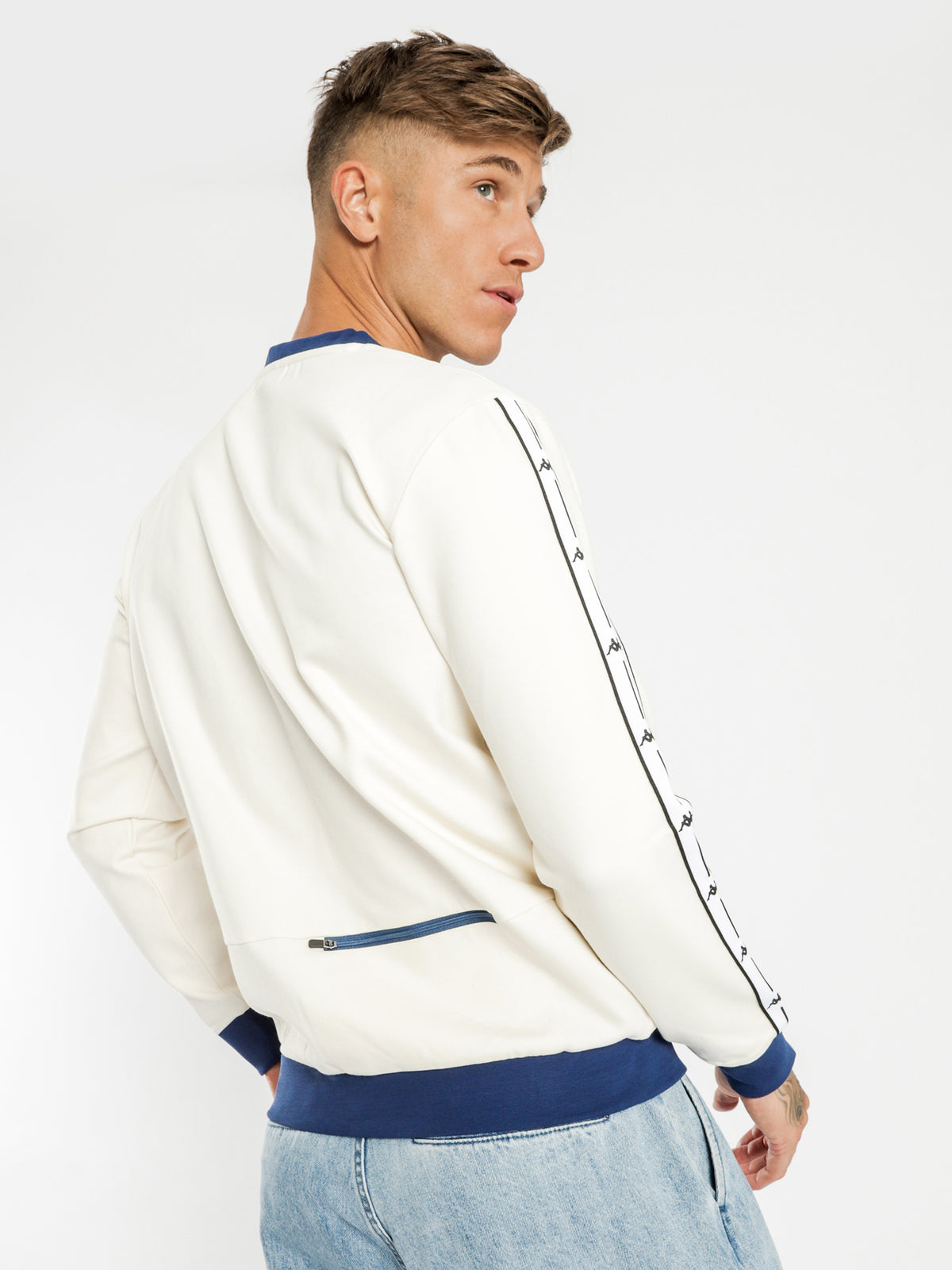 Authentic JPN Crew Sweater in White &amp; Blue
