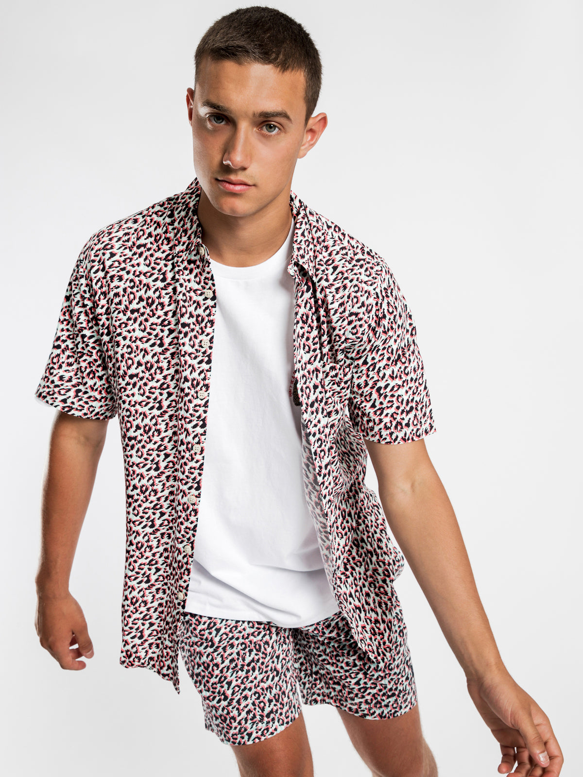 Holiday Short Sleeve Shirt in White Leopard