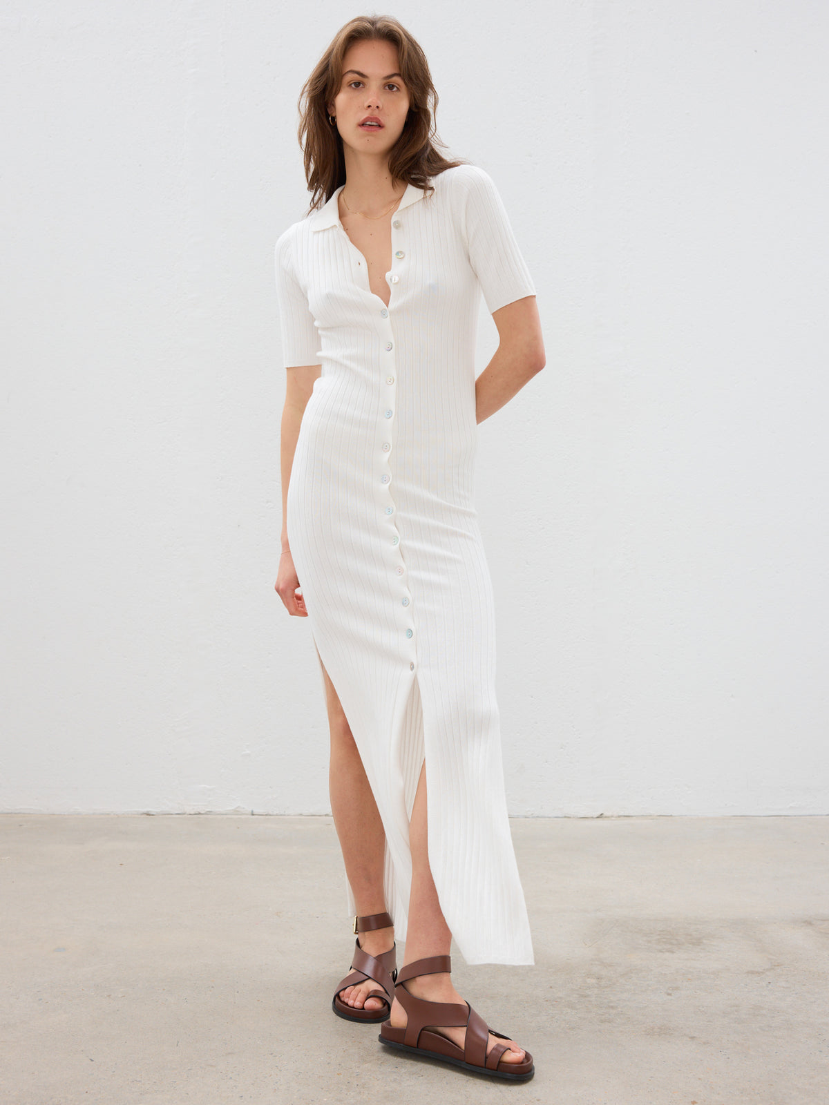 Gabby Ribbed Polo Dress in White