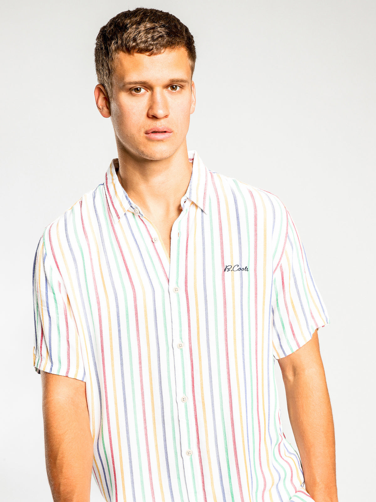 Holiday Short Sleeve Shirt in White Yellow Blue &amp; Red Stripe
