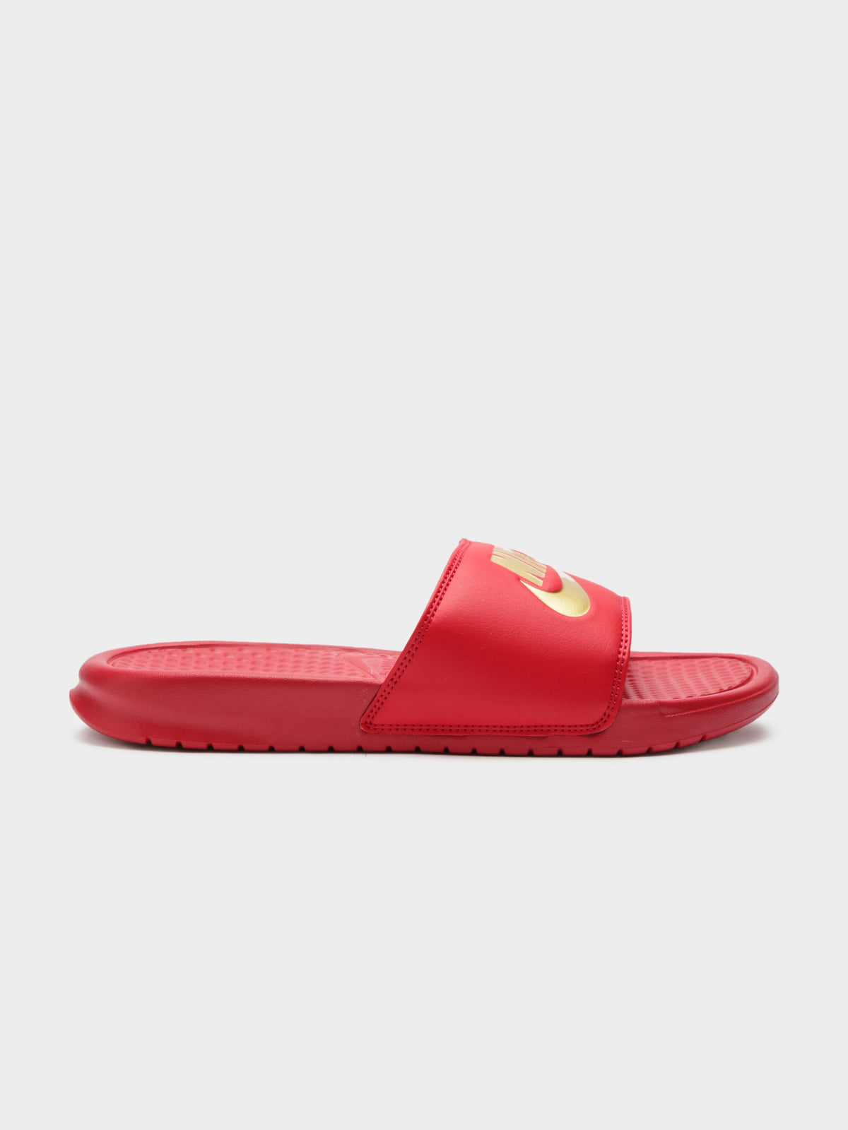 Mens Benassi Just Do It Slides in University Red and Metallic Gold