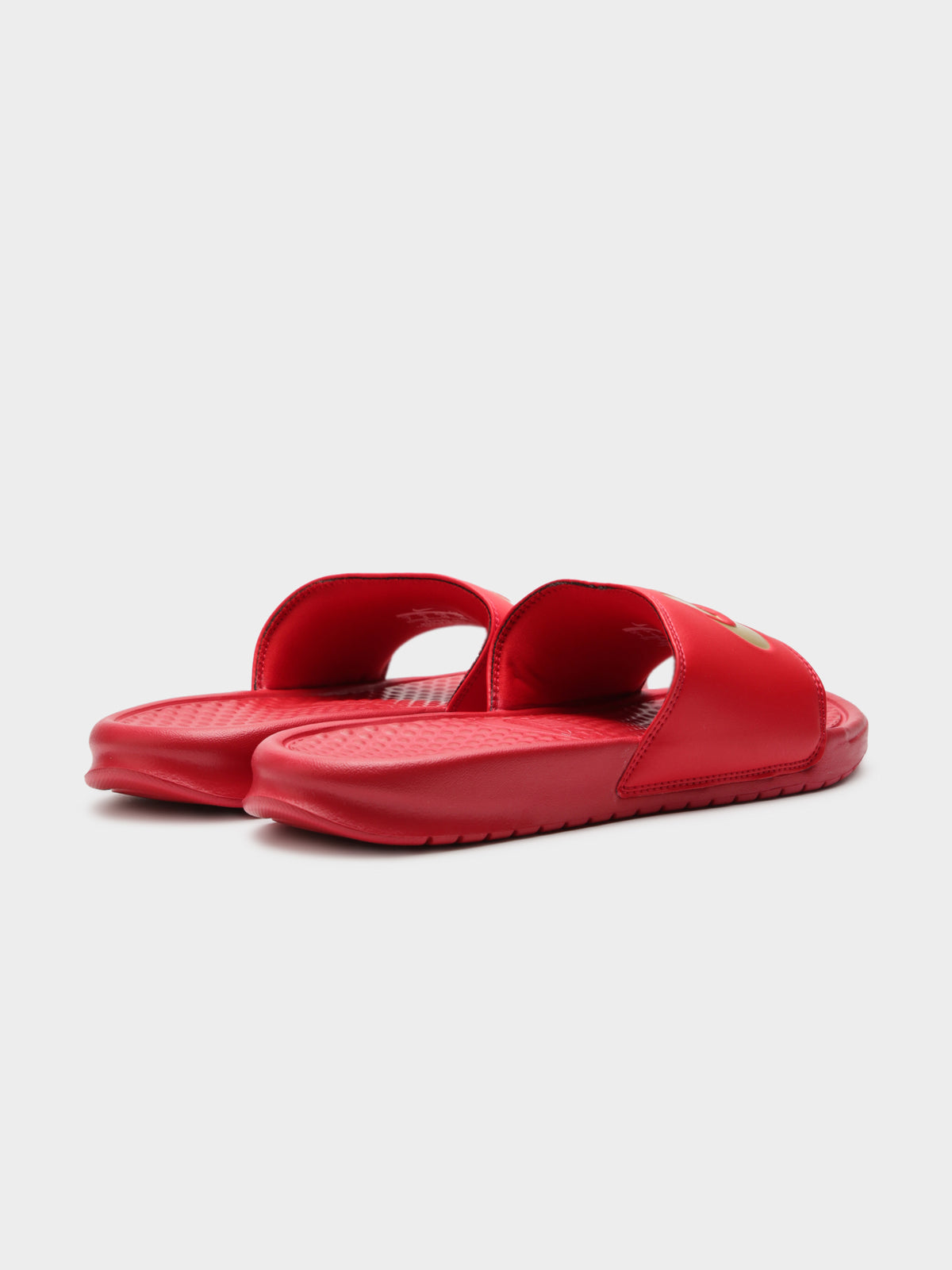 Mens Benassi Just Do It Slides in University Red and Metallic Gold