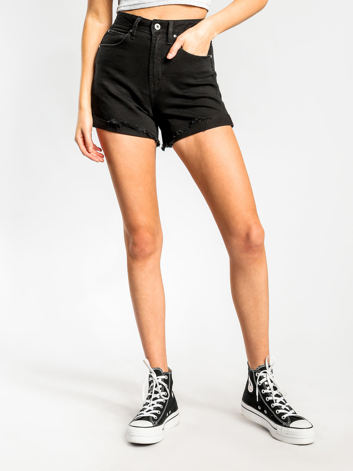 Sally High-Waisted Shorts in Black-Out Denim