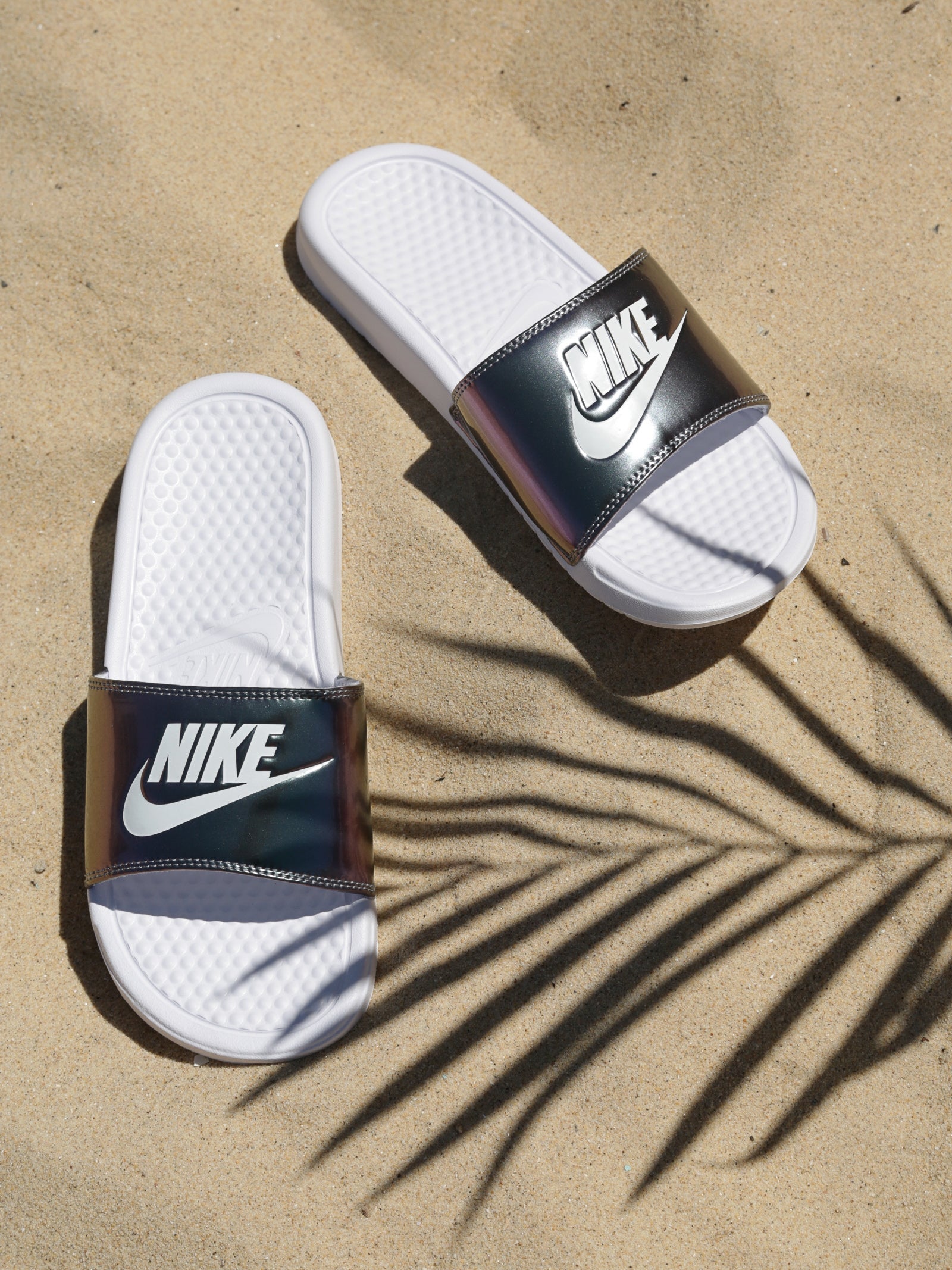 Nike Womens Benassi Slides in White Iridescent | Glue Store