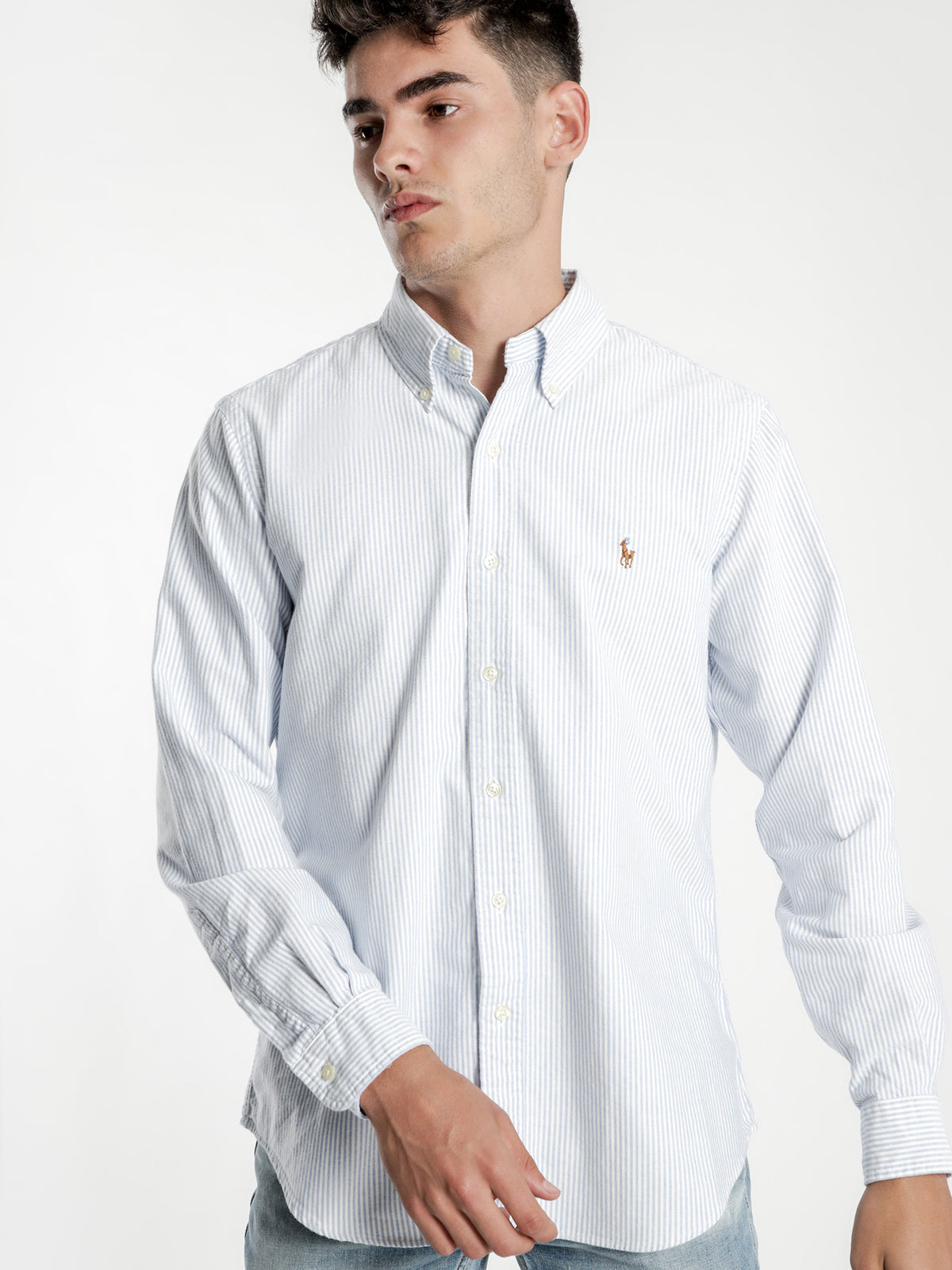 Standard Fit Oxford Sport Shirt in Blue &amp; White Stripe