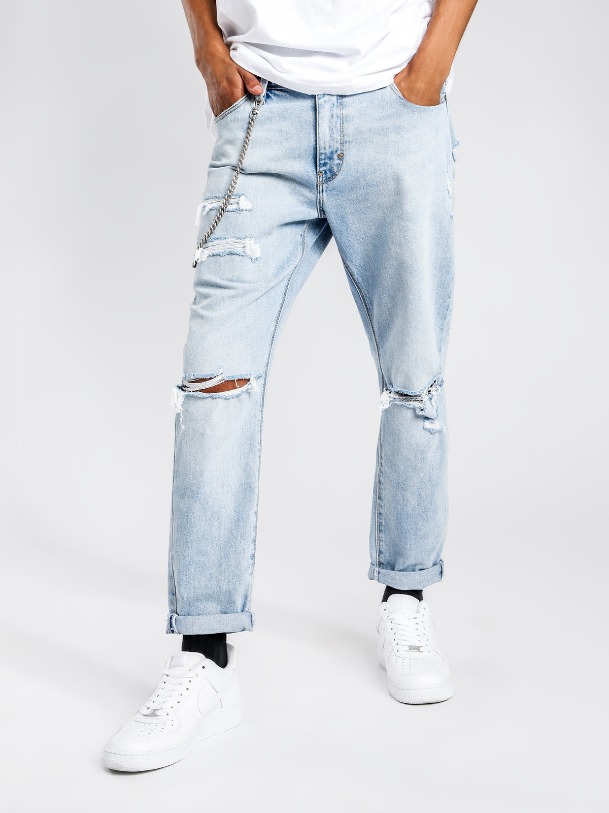 A Dropped Slim Turn Up Jeans in Rogue Bleach Blue Denim