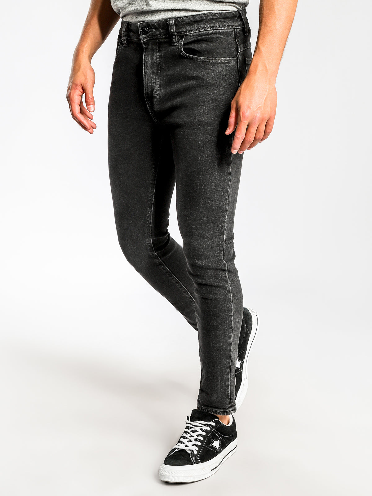 A Dropped Skinny Turn Up Jeans in Ghost Black Denim