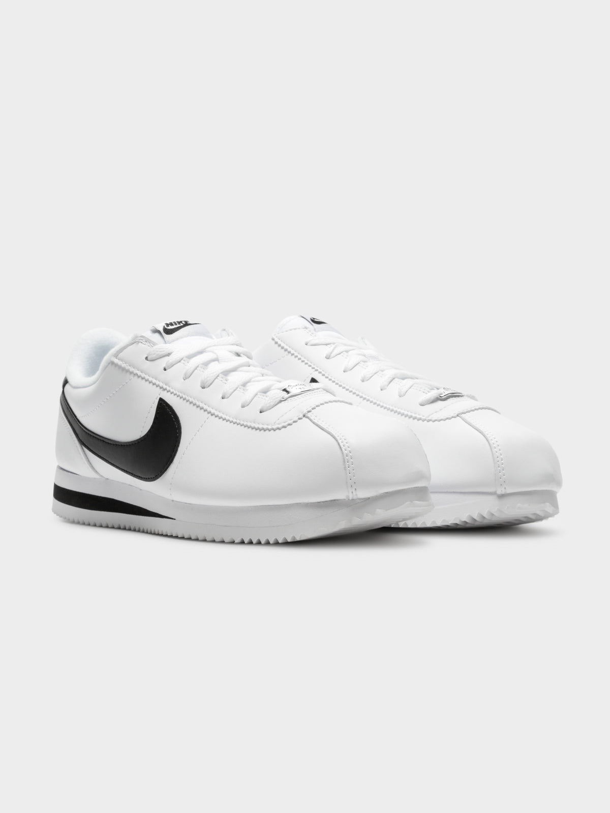 Mens Basic Cortez Sneakers in White &amp; Black Leather