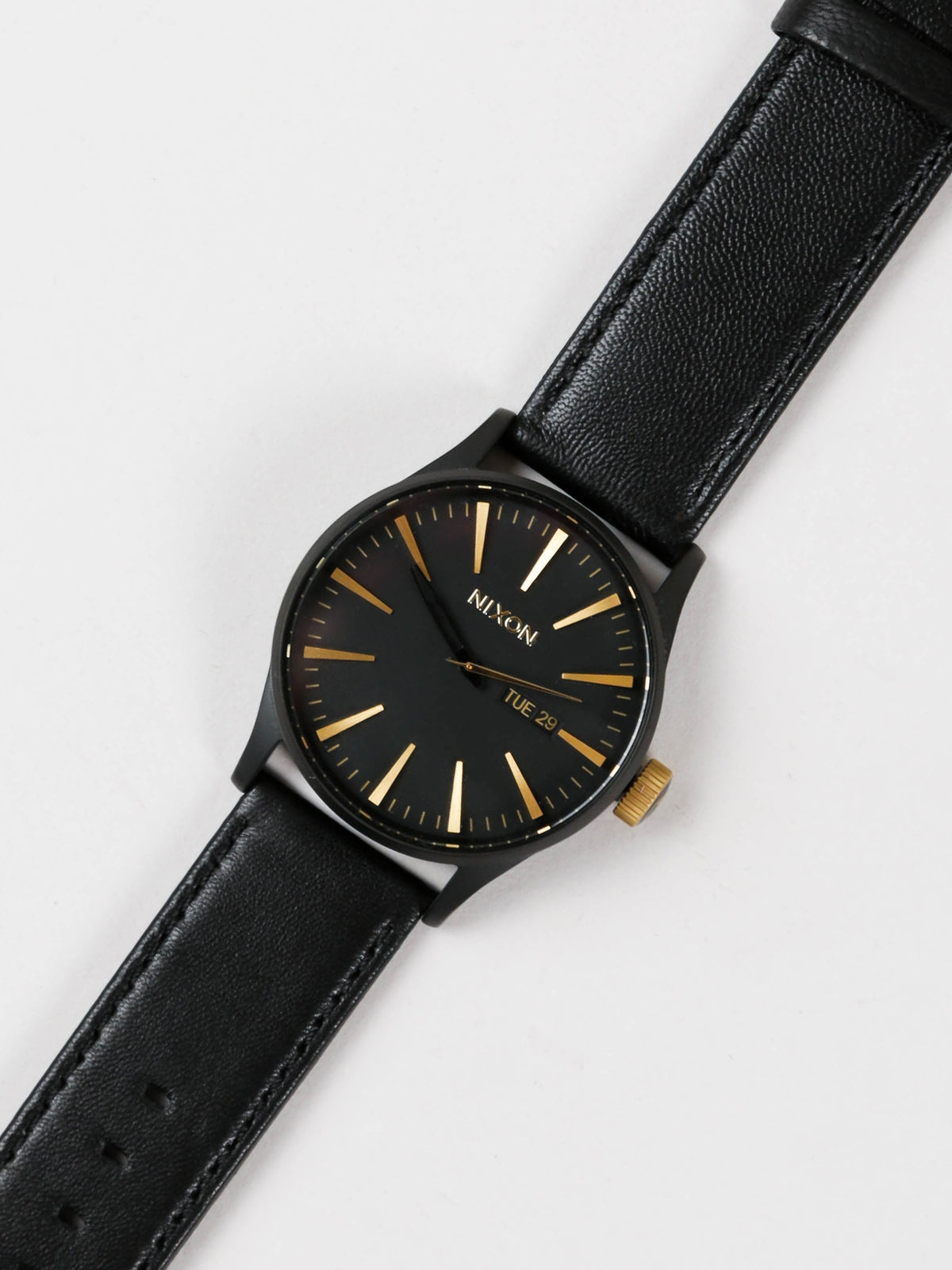 Sentry Leather 42mm Analogue Watch in Matte Black &amp; Gold