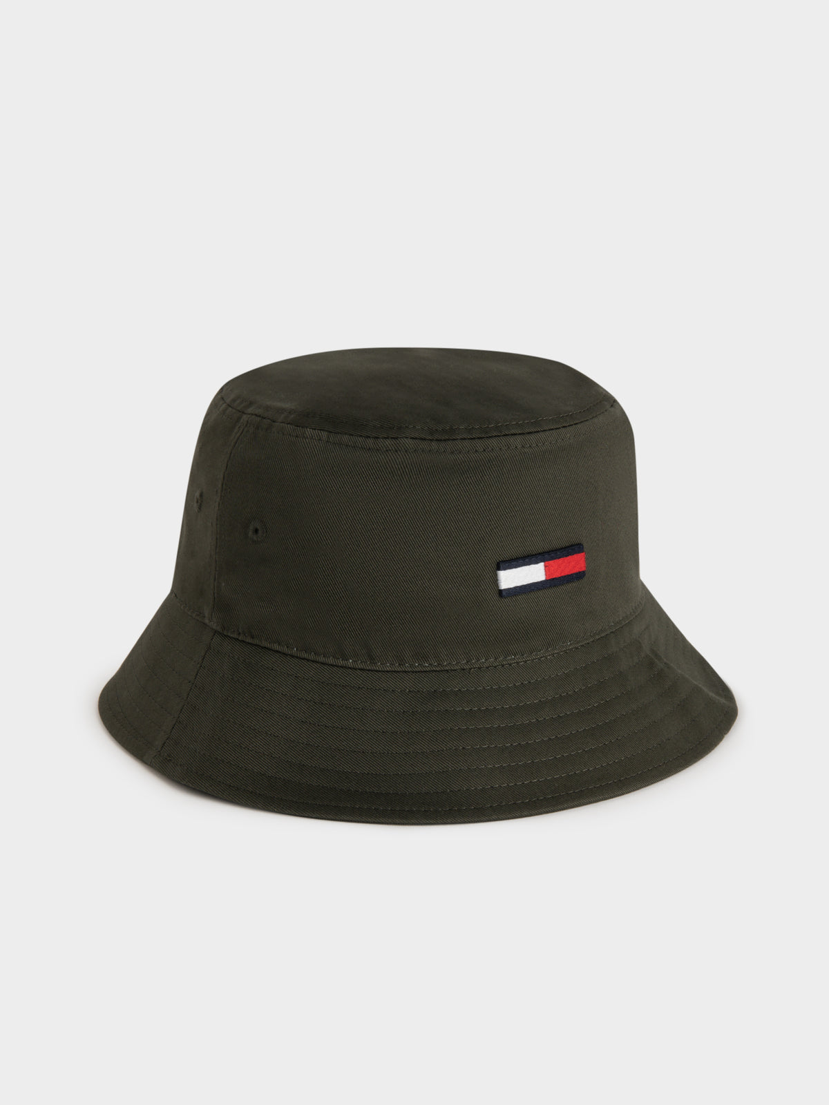 Flag Embroidered Cotton Bucket Hat in Olive