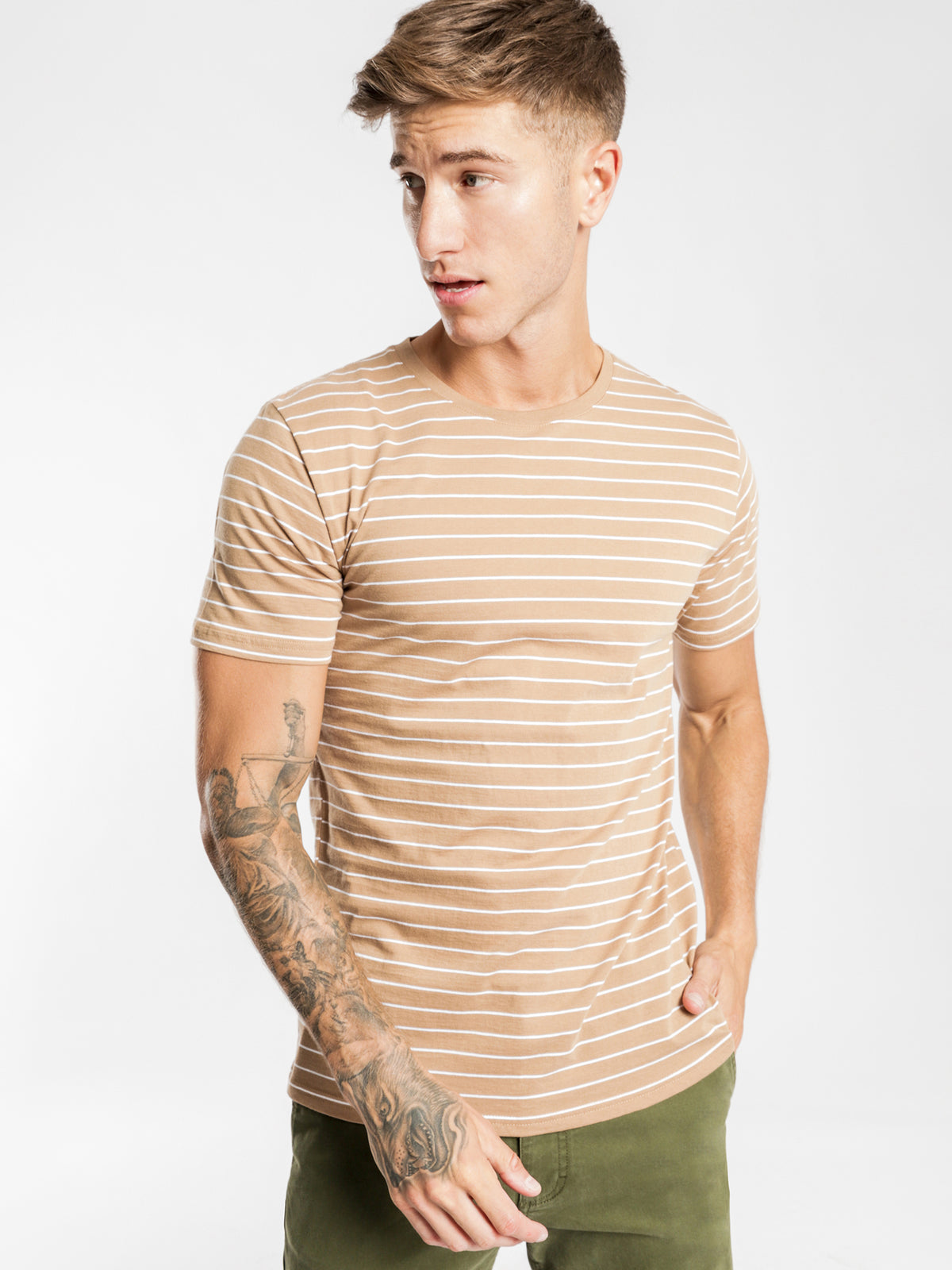 Manual Short Sleeve Stripe T-Shirt in Coffee