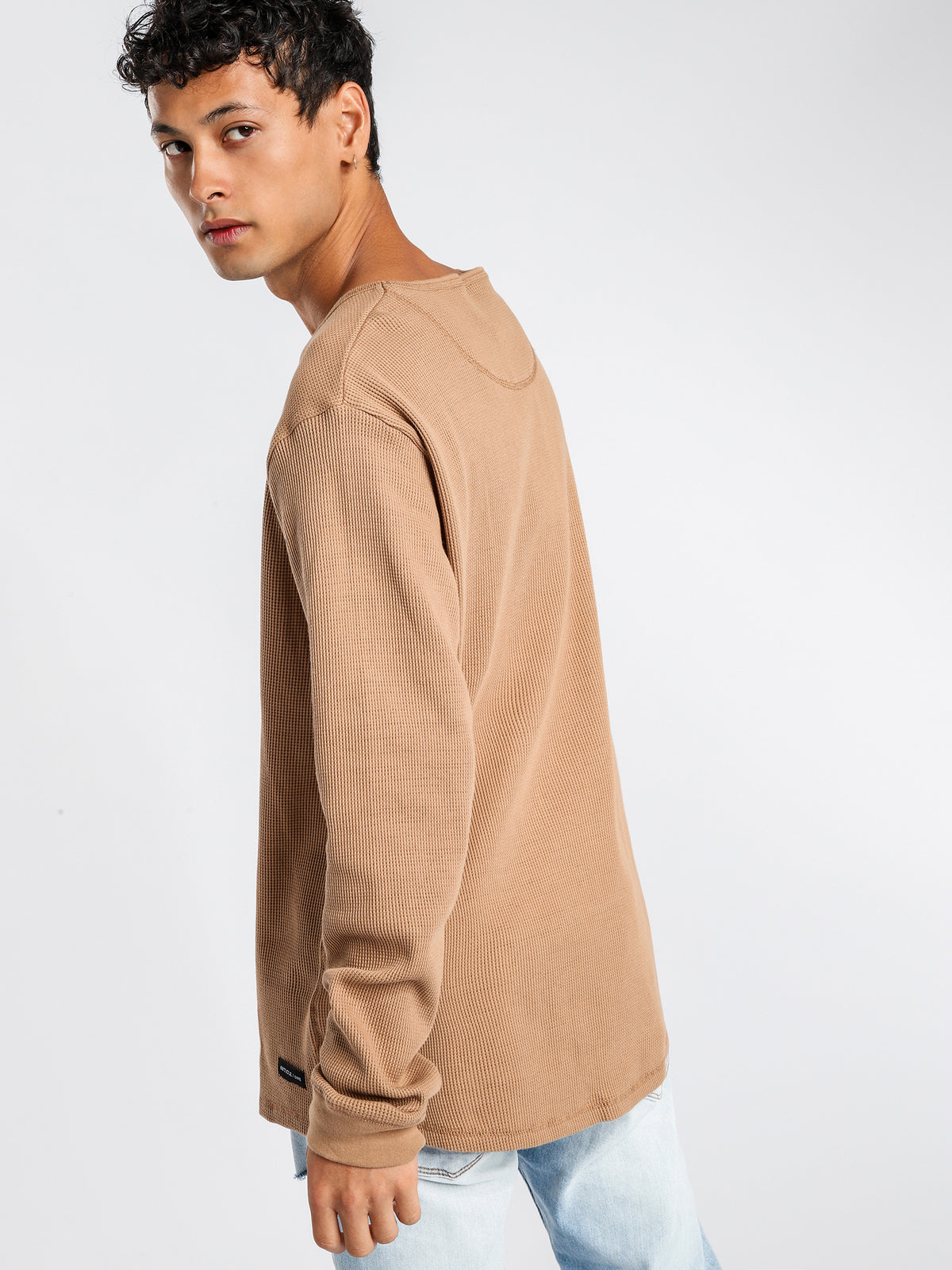 Waffle Long Sleeve Crew Top in Camel