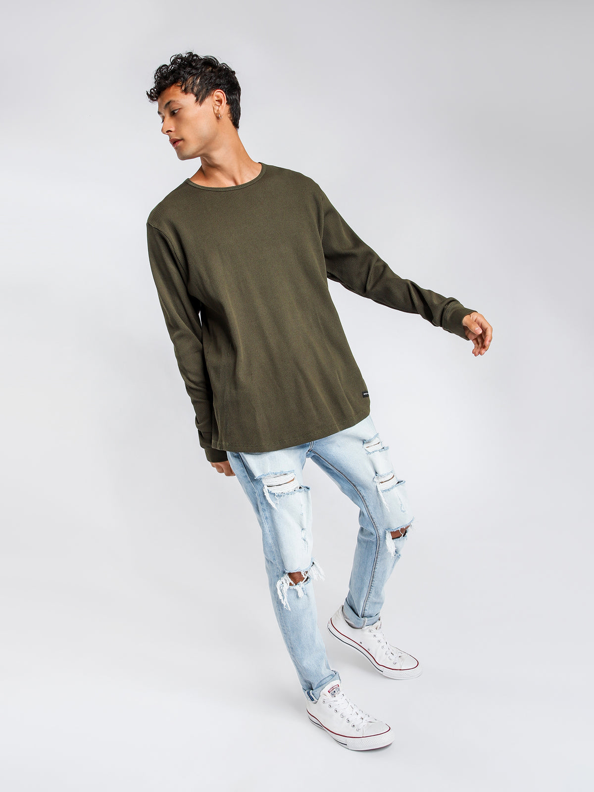 Waffle Long Sleeve Crew Top in Military Green