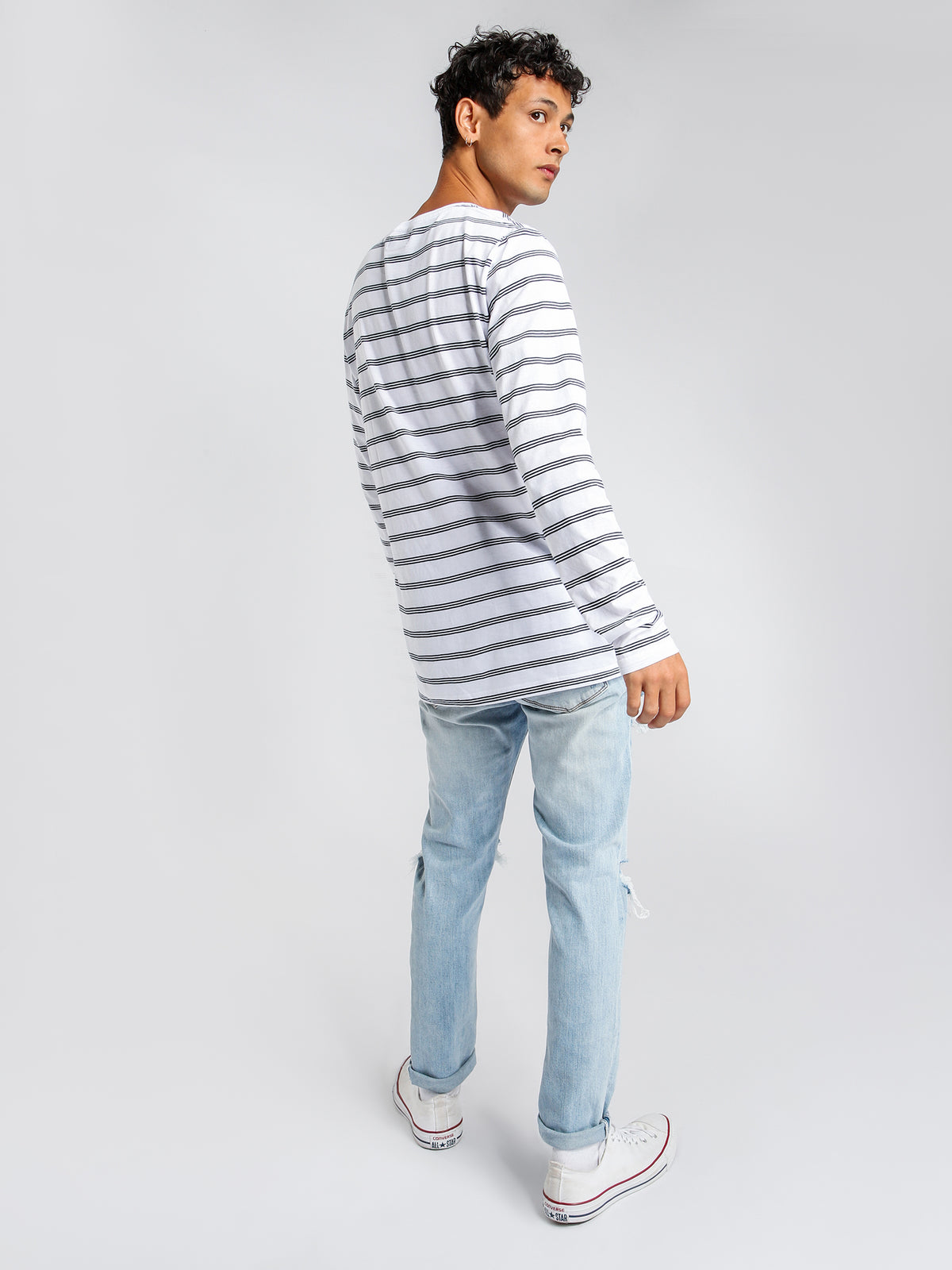 Chase Long Sleeve Stripe T-Shirt in Navy &amp; White
