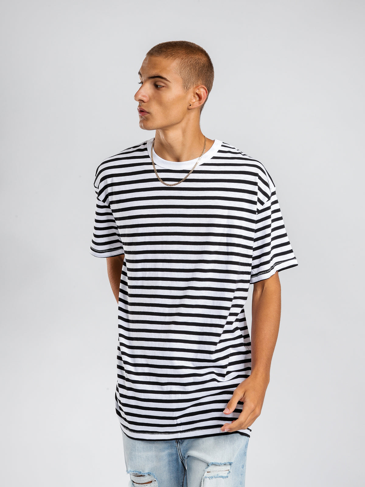 Organic Oversized T-Shirt in White &amp; Black Stripe