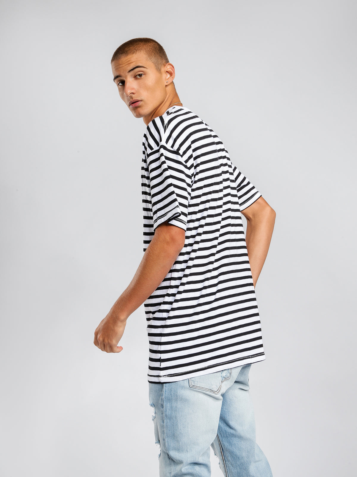 Organic Oversized T-Shirt in White &amp; Black Stripe