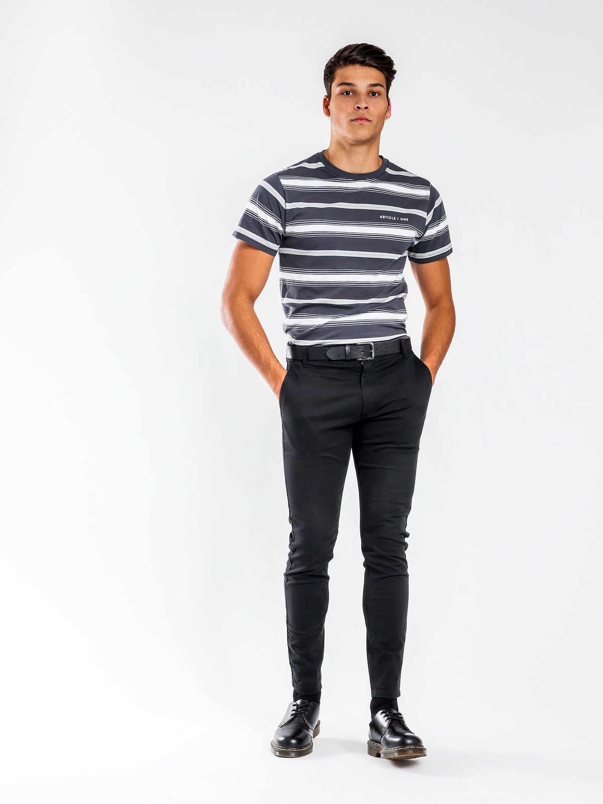 Taj Short Sleeve Stripe T-Shirt in Grey &amp; White