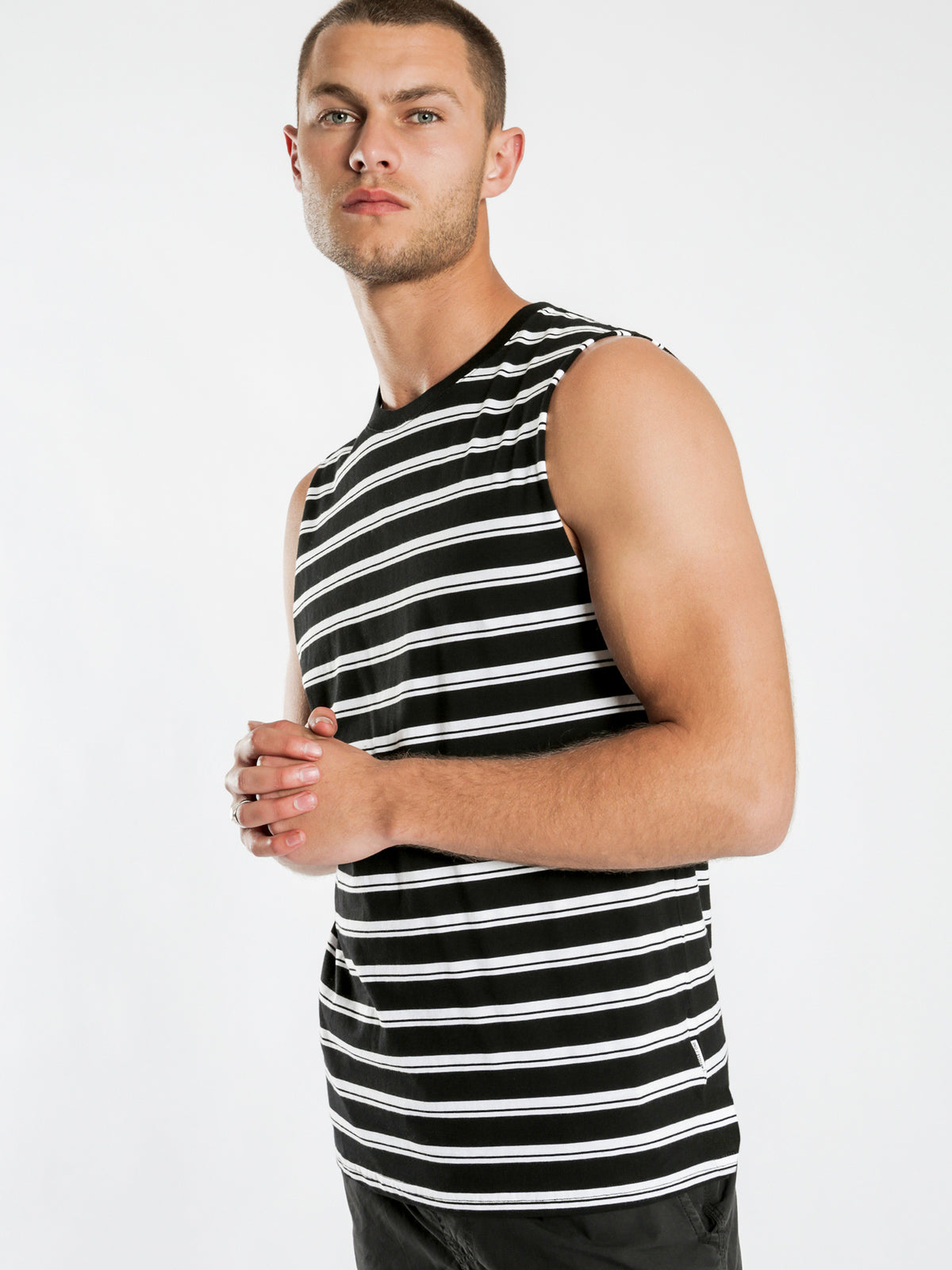Cayo Muscle T-Shirt in Black &amp; White Stripe