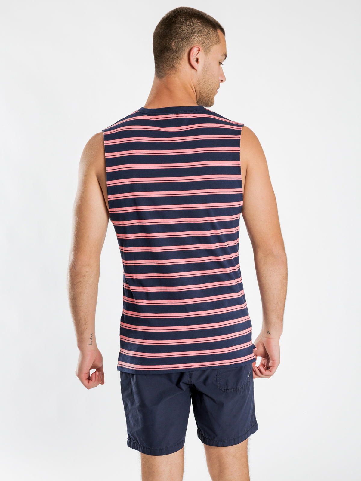 Cayo Stripe Muscle T-Shirt in Navy &amp; Red Stripe