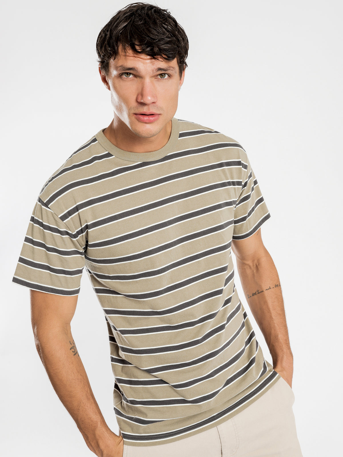 Southport T-Shirt in Olive &amp; Charcoal Stripe