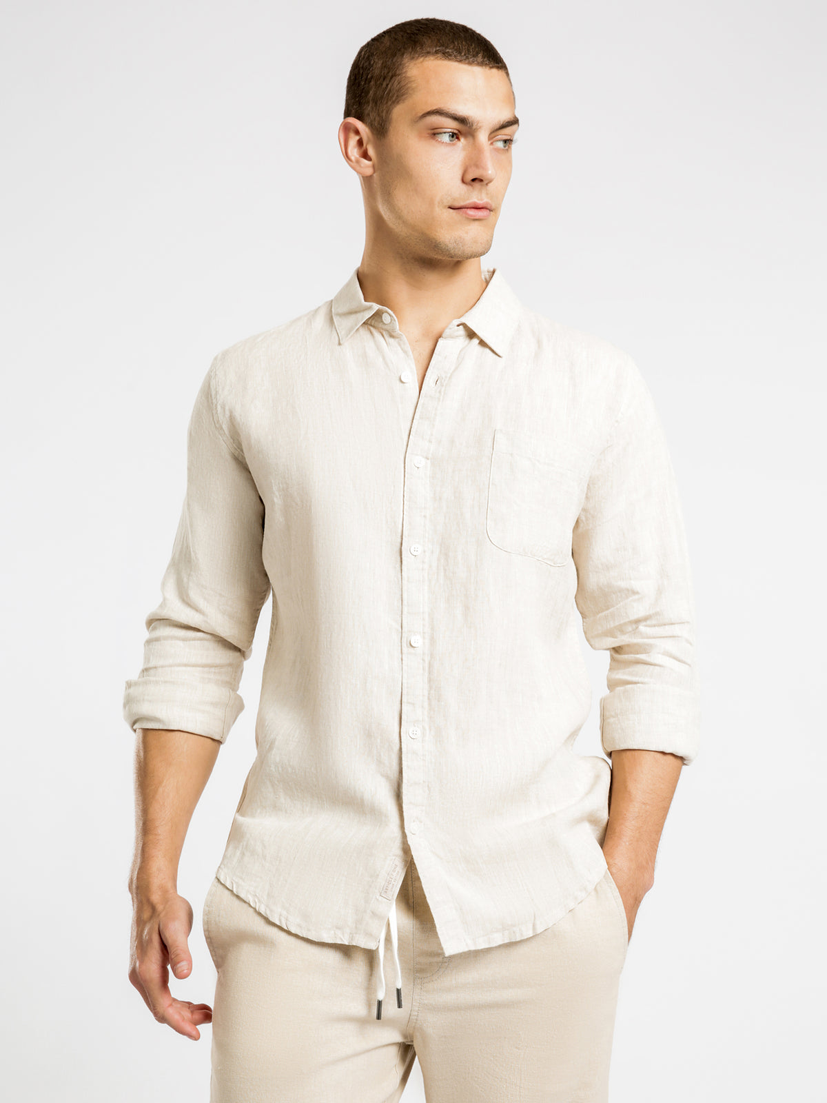 Nelson Long Sleeve Linen Shirt in Natural Marle