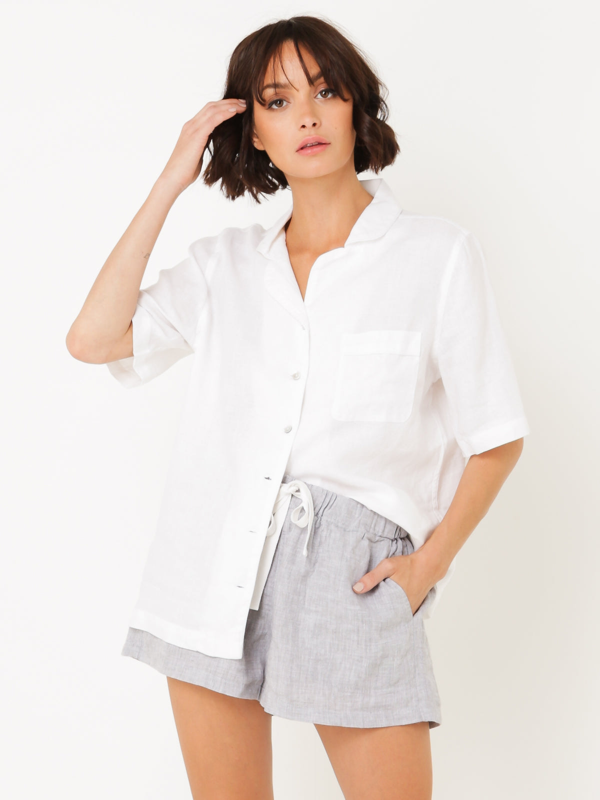 Linen PJ Short Sleeve Shirt in White