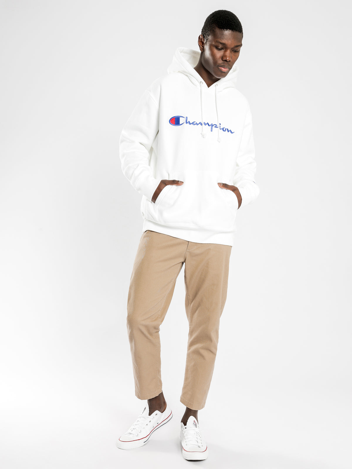 Reverse Weave Pullover Hoodie in White