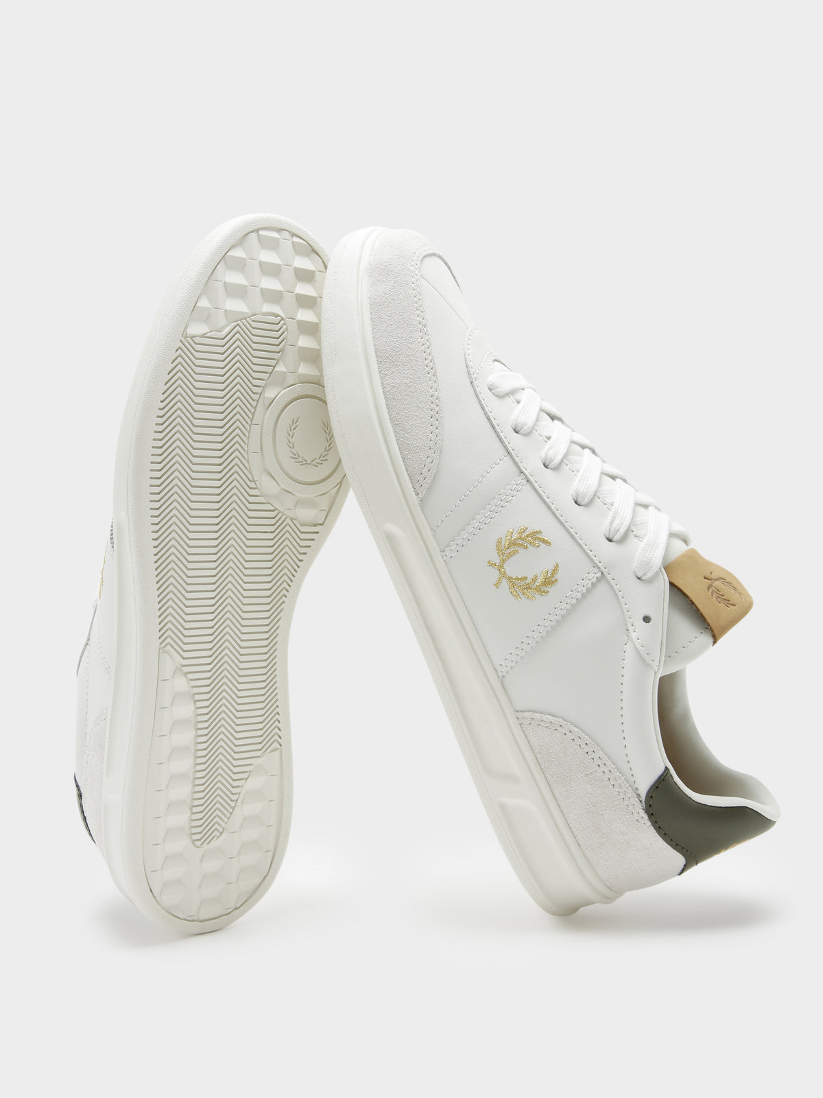 Mens B400 Leather Suede Sneakers in White, Green &amp; Gold