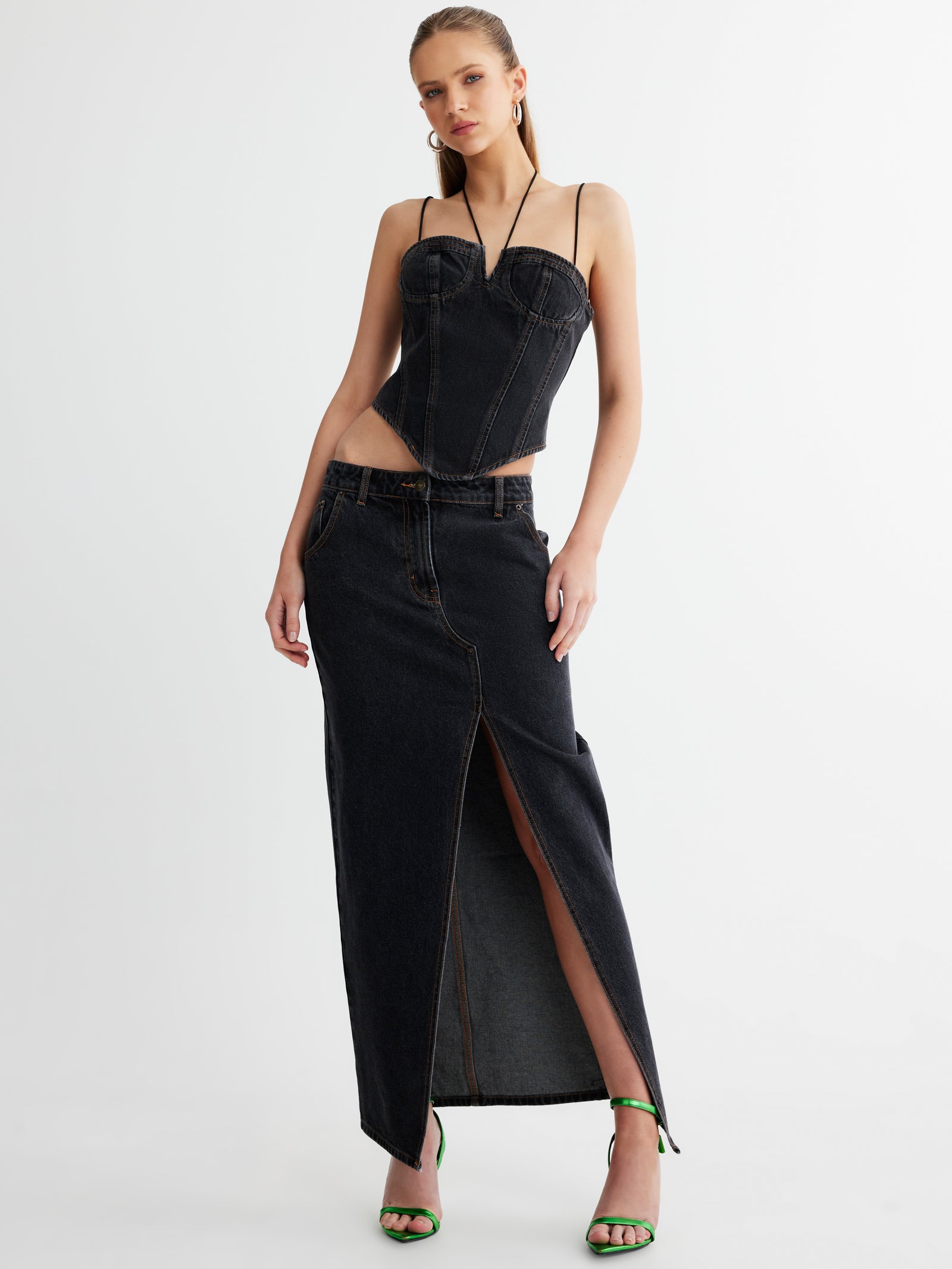 Barbie Split Midi Skirt in Charcoal Denim - Glue Store