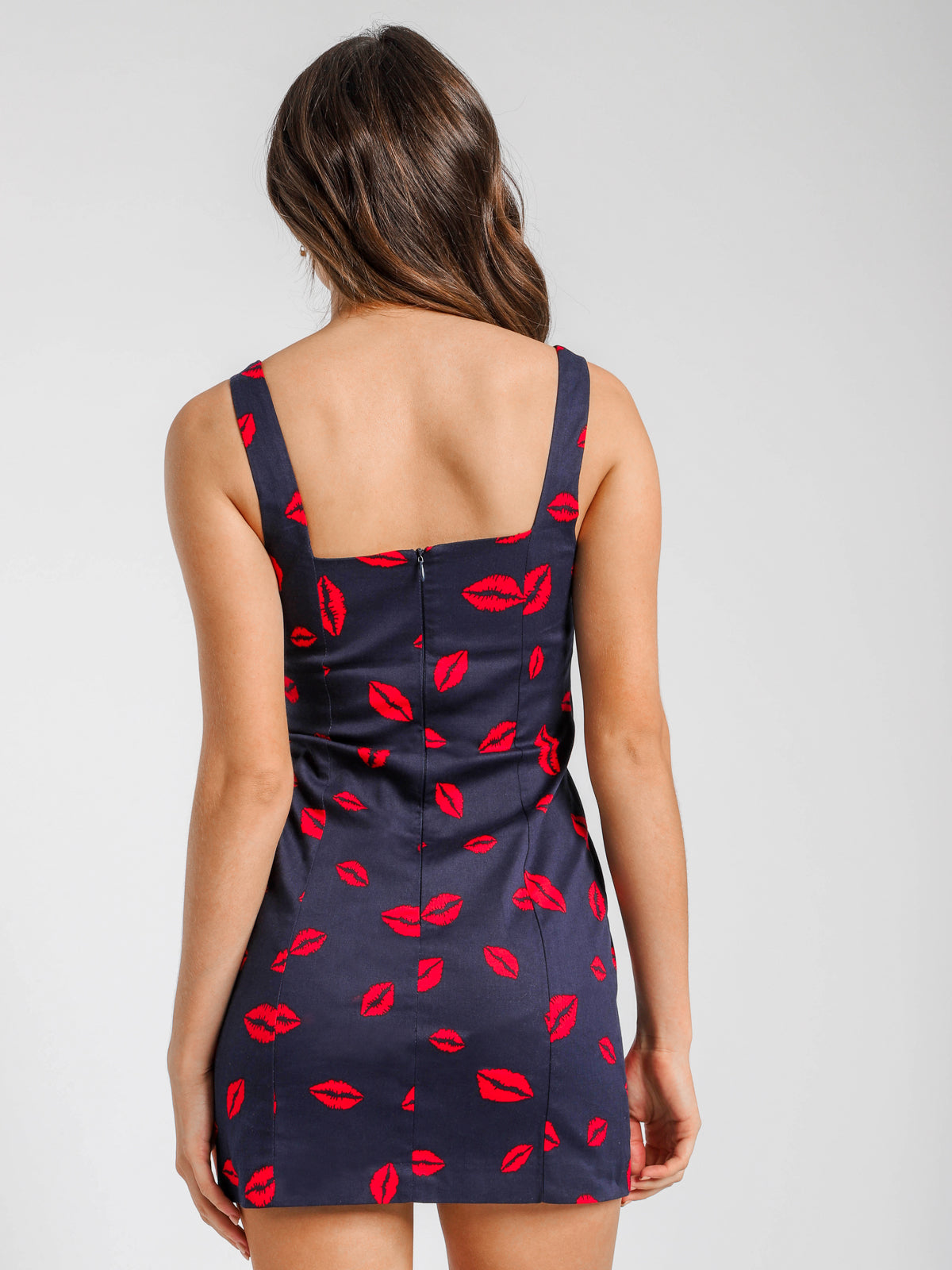 Lip Service Dress in Navy &amp; Red Kiss Print