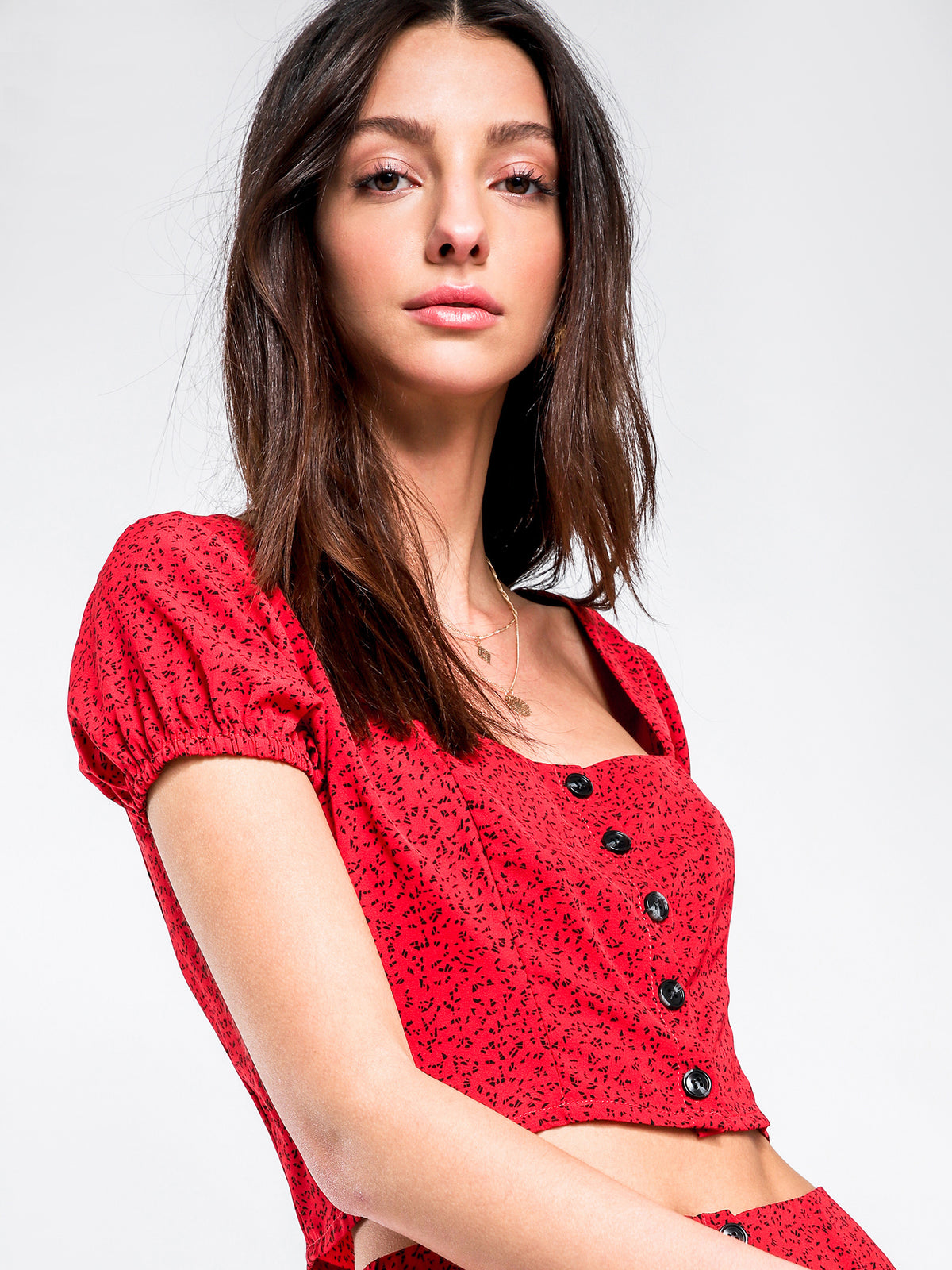 Mila Button Top in Red &amp; Black Speckle Print