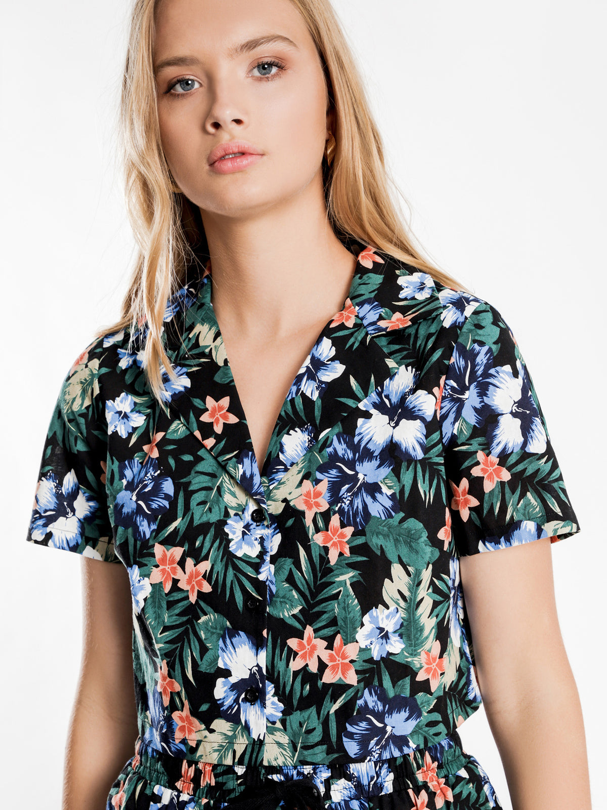 Hawaiian Crop Shirt in Blue Floral