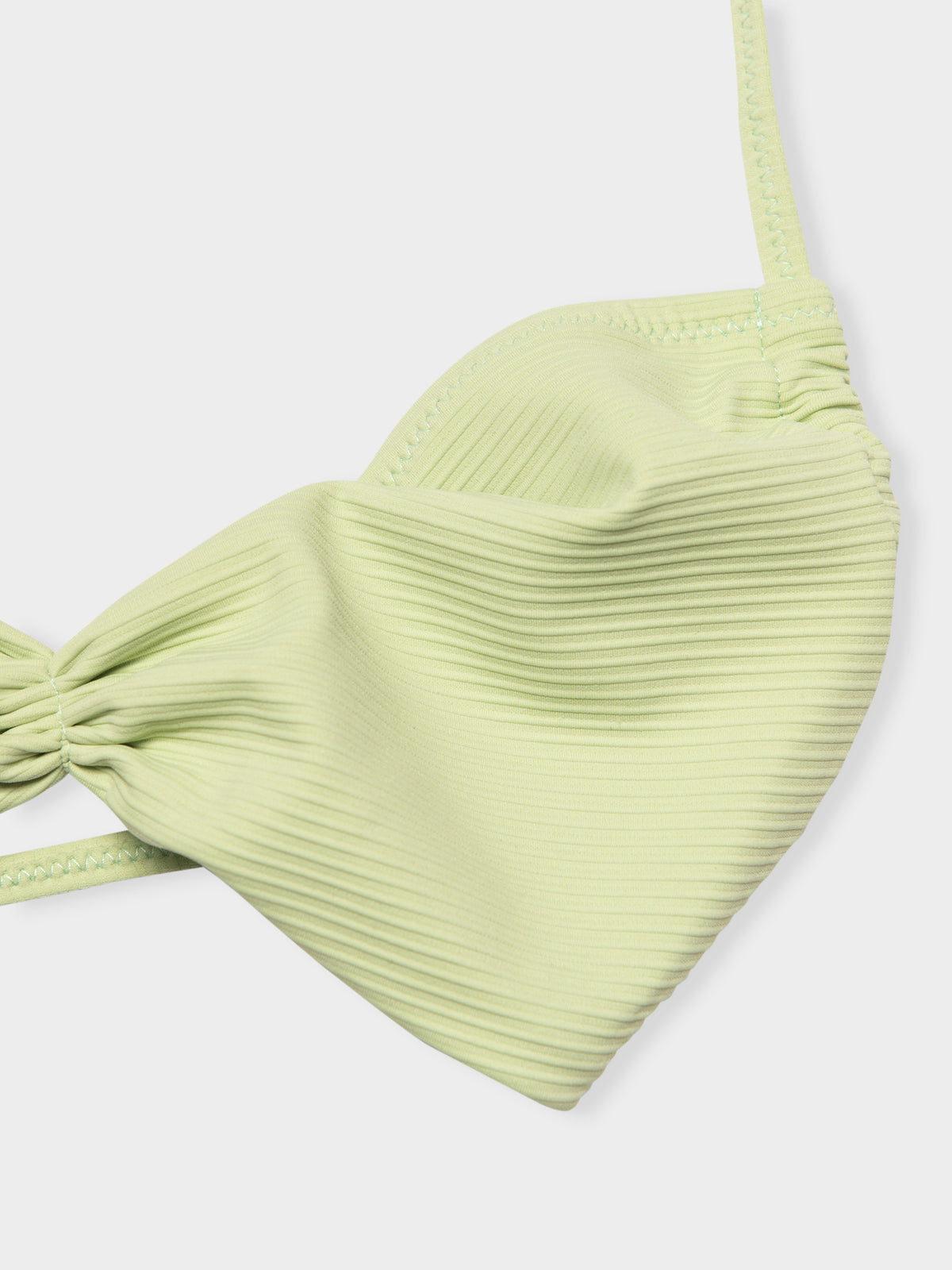 Plain Ribbed Ruched-Front Halter Bikini Top in Apple Green
