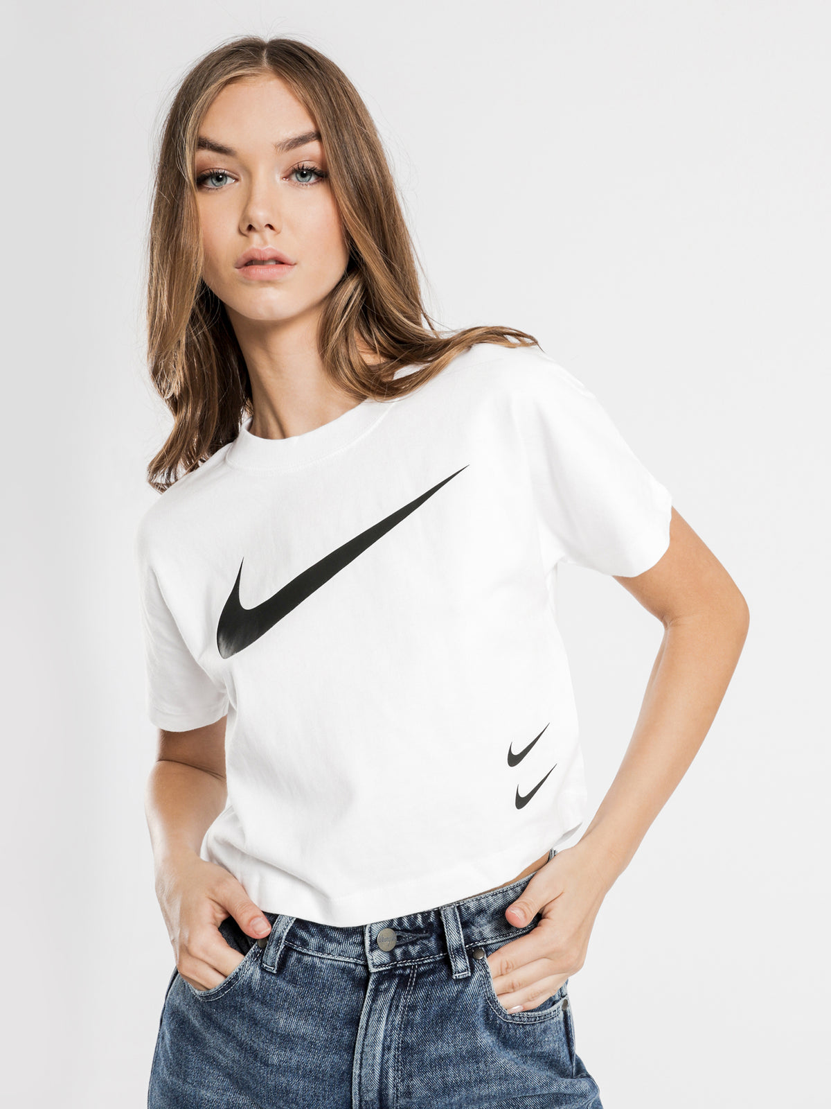 Swoosh Short Sleeve T-Shirt in White &amp; Black