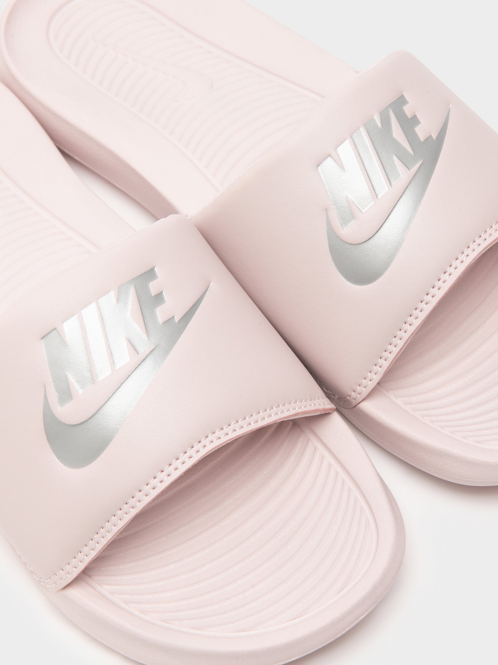 Womens Victori One Slides in Barely Rose Pink & Metallic Silver