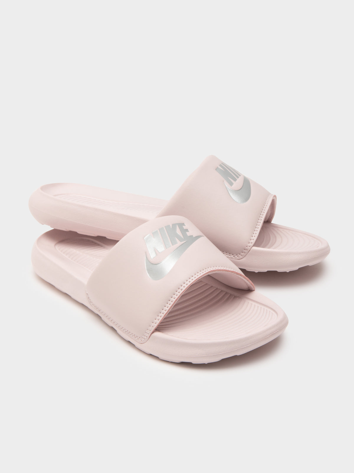 Womens Victori One Slides in Barely Rose Pink &amp; Metallic Silver
