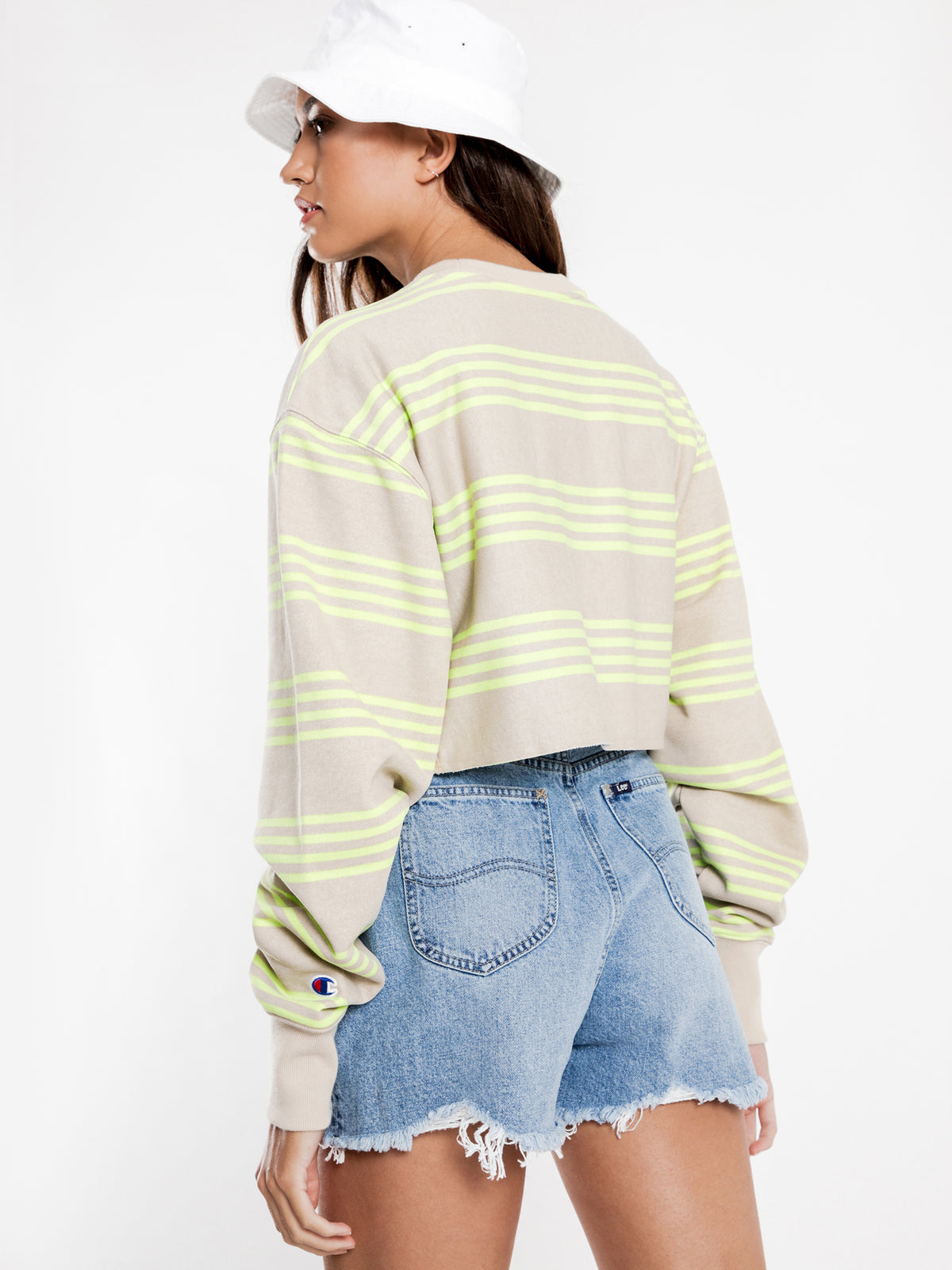 Reverse Weave Crop Crew Sweatshirt in Green Stripe