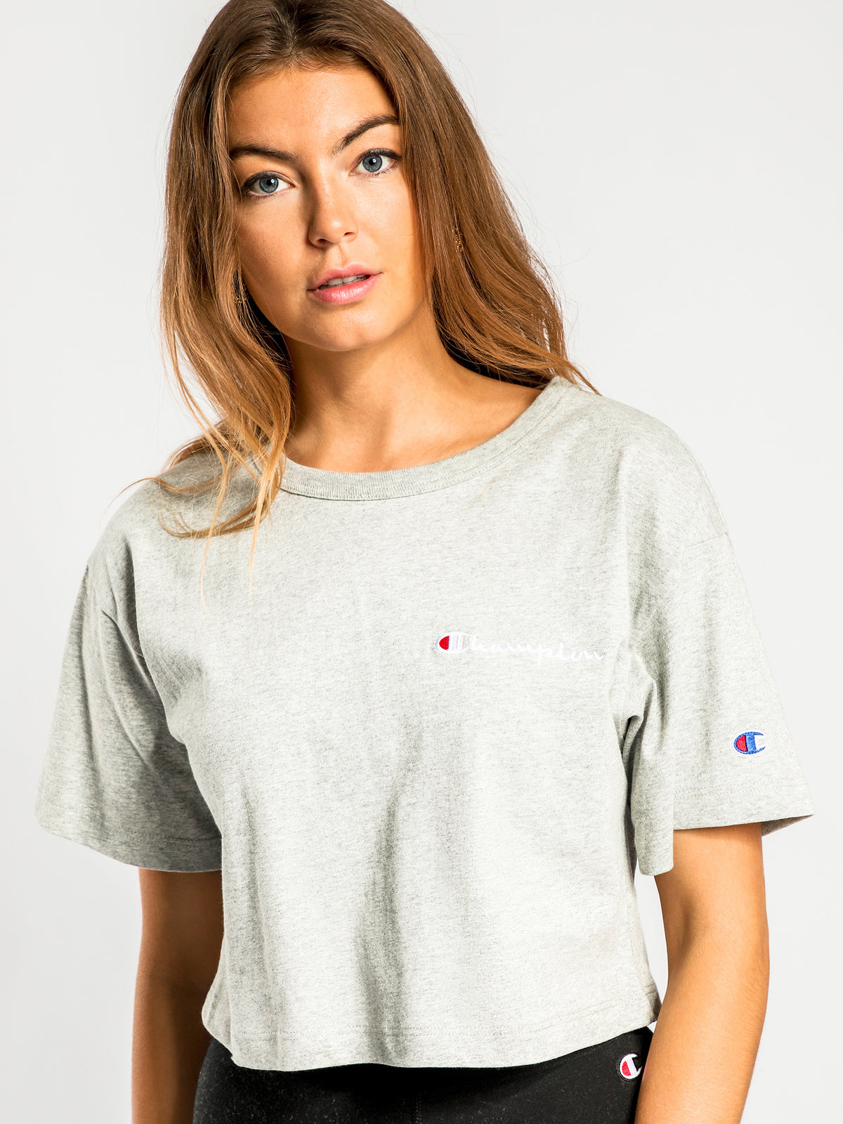 Heritage Cropped Mini Script Short Sleeve T-Shirt in Oxford Heather