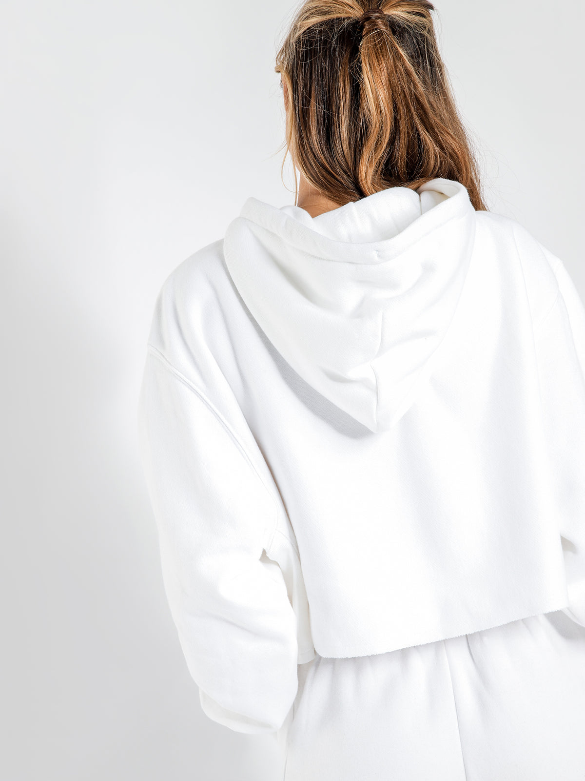 Reverse Weave Cropped Cut Off Hoodie in White