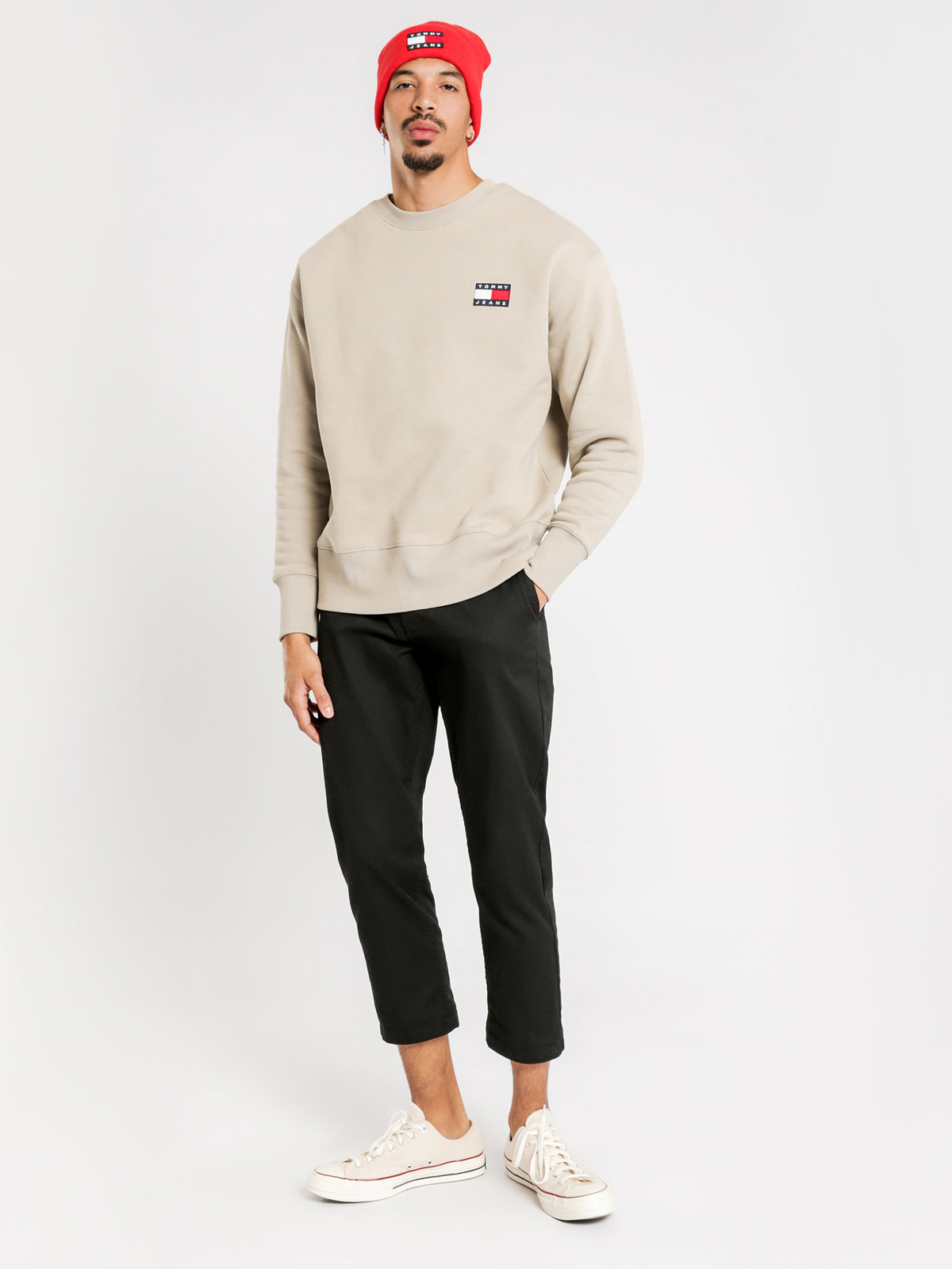 Tommy Badge Crew Jumper in Stone