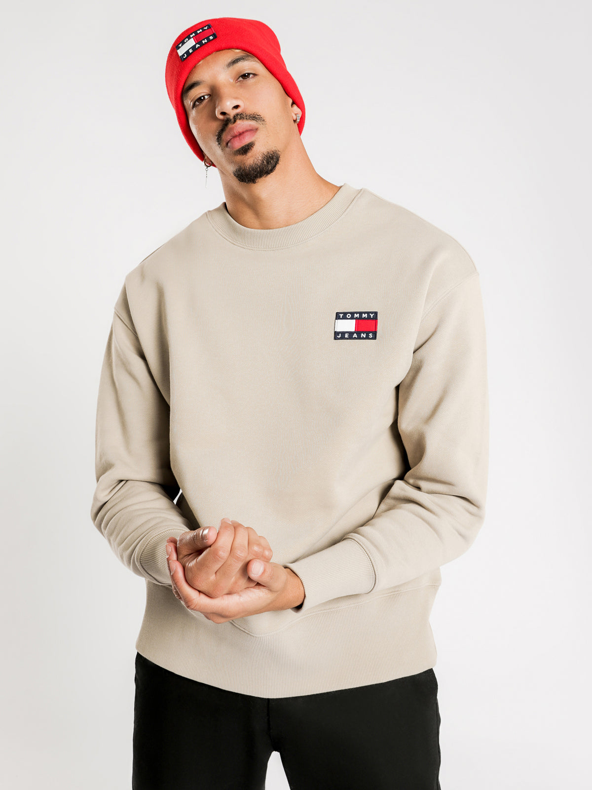 Tommy Badge Crew Jumper in Stone