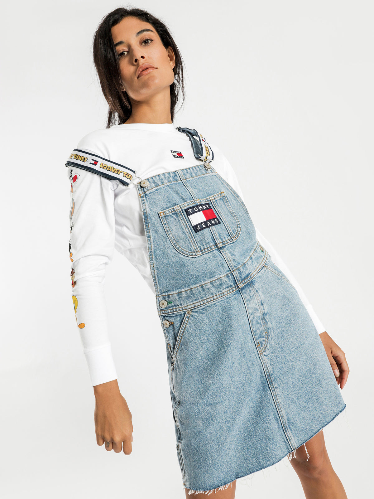 Tommy Jeans X Looney Tunes Overall Dress in Light Blue Denim