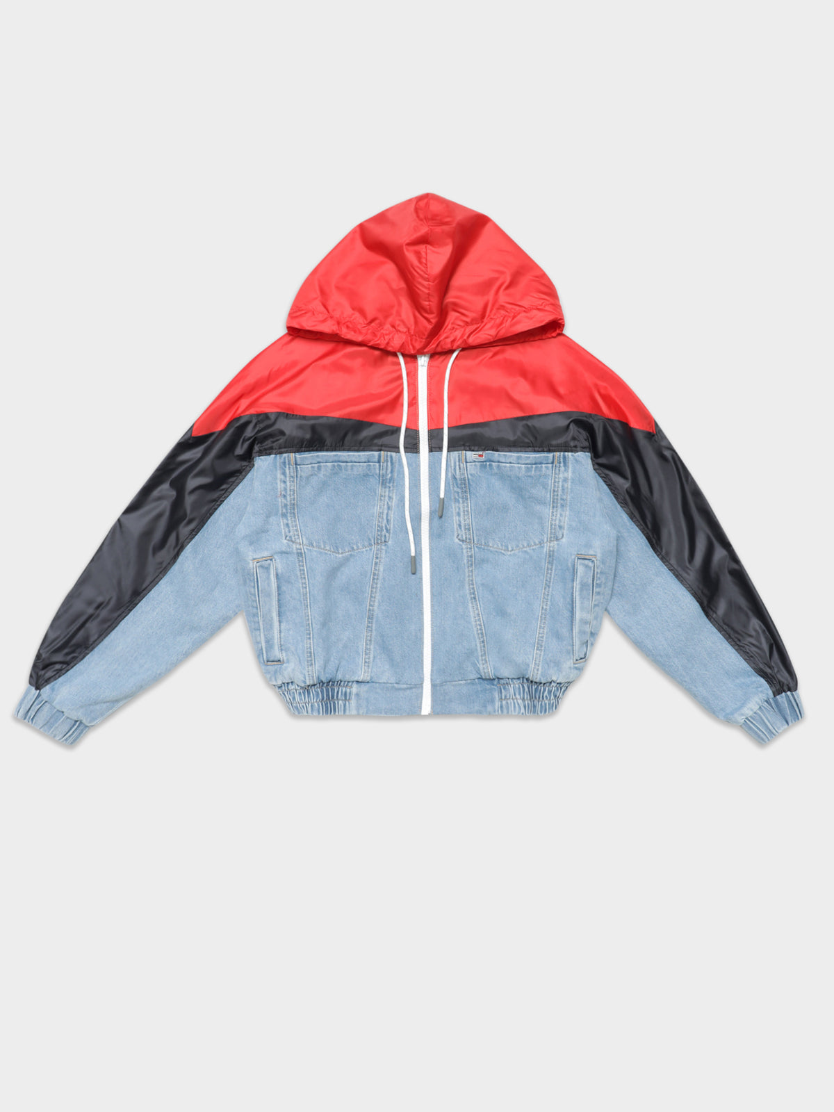 Cropped Hoodie Denim Jacket in Red &amp; Blue