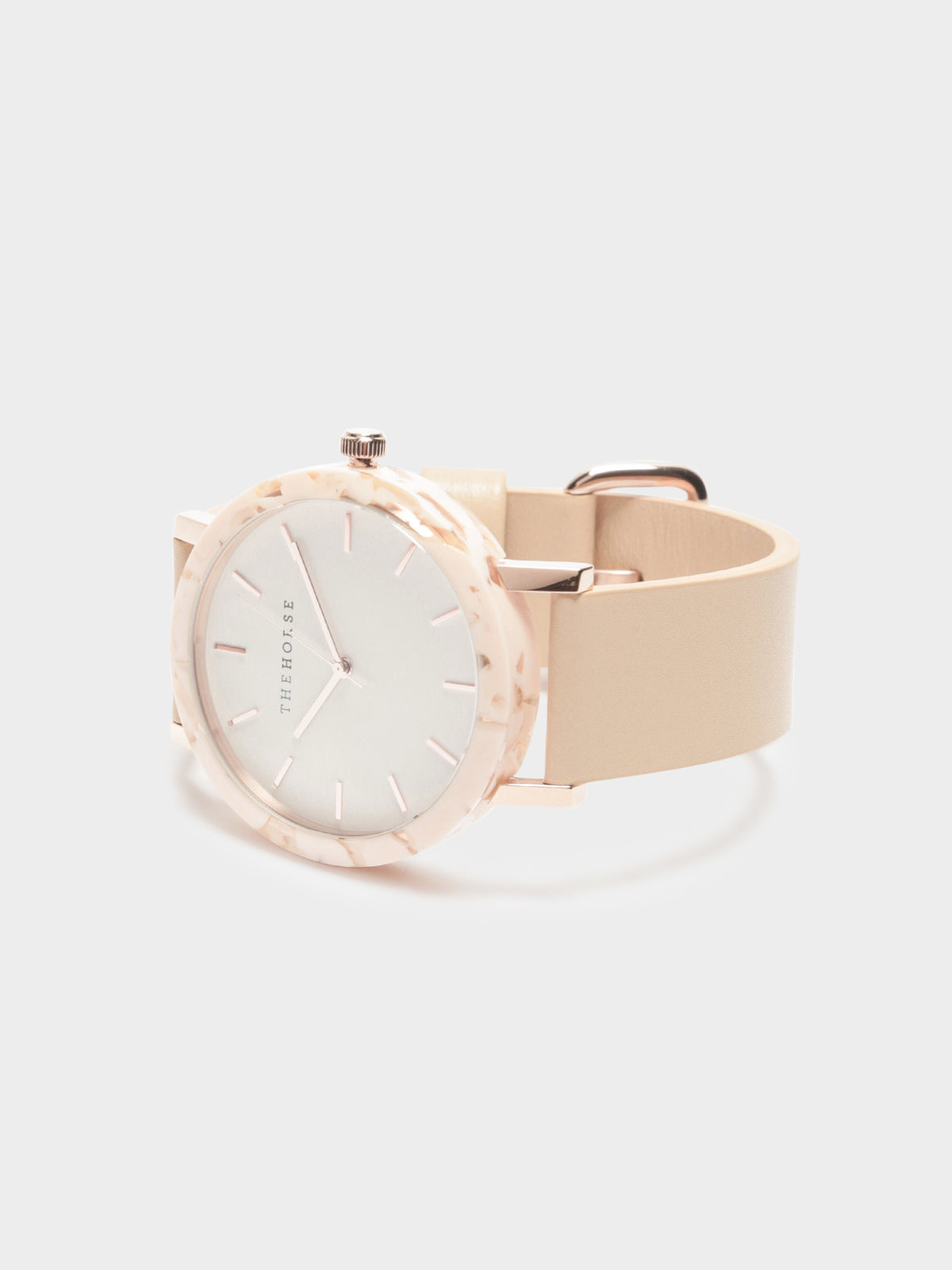 The Resin Watch in Peach Speckle Case / Vegetable Tan Leather Strap