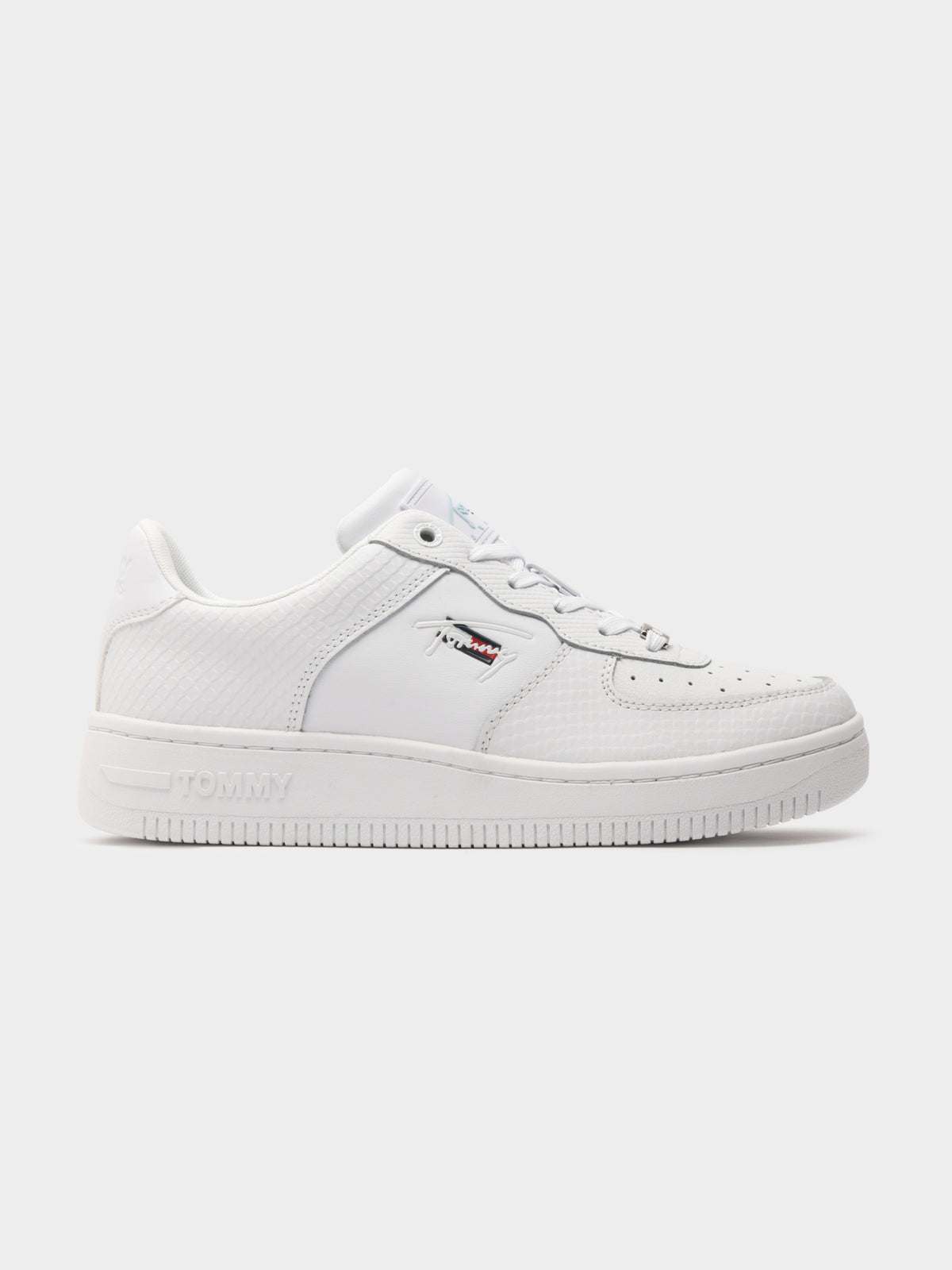 Womens Textured Leather Basket Cupsole Sneakers in White